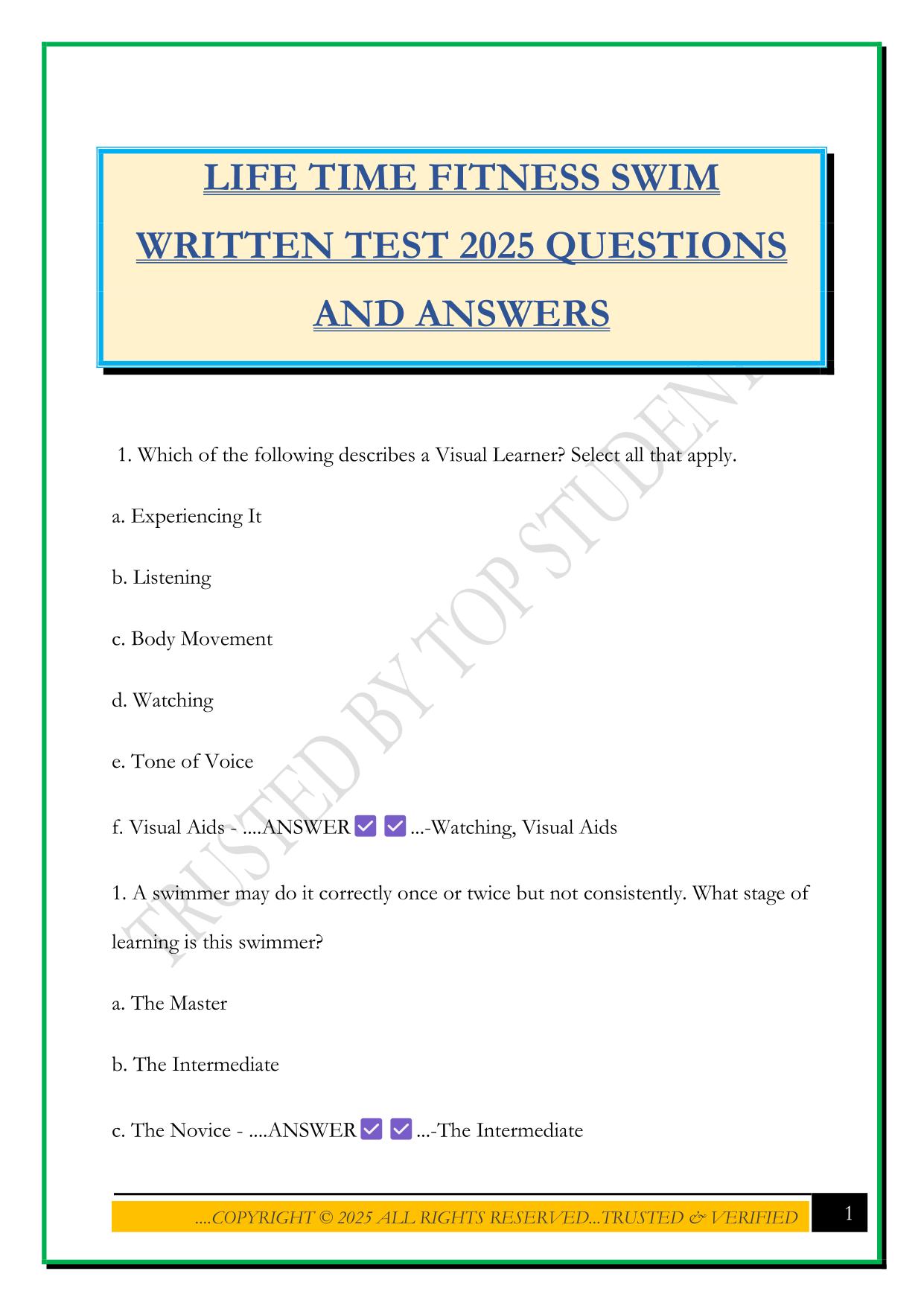  LIFE TIME FITNESS SWIM WRITTEN TEST 2025 QUESTIONS AND ANSWERS