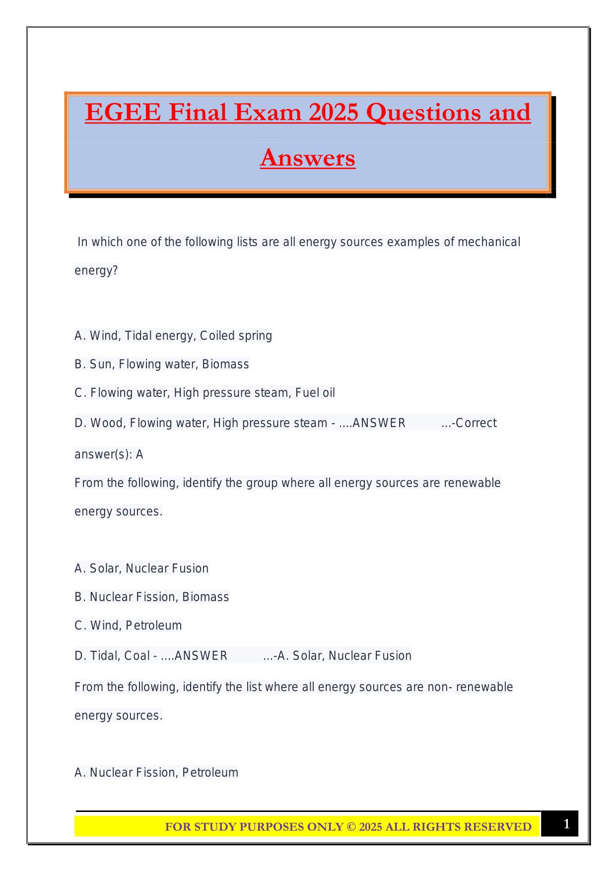 EGEE Final Exam 2025 Questions and Answers