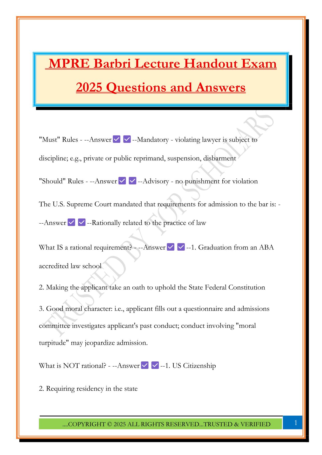 MPRE Barbri Lecture Handout Exam 2025 Questions and Answers