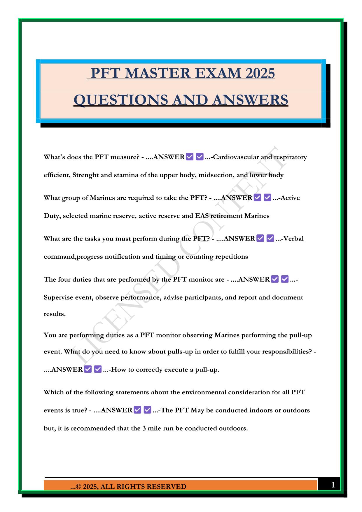 PFT MASTER EXAM 2025 QUESTIONS AND ANSWERS