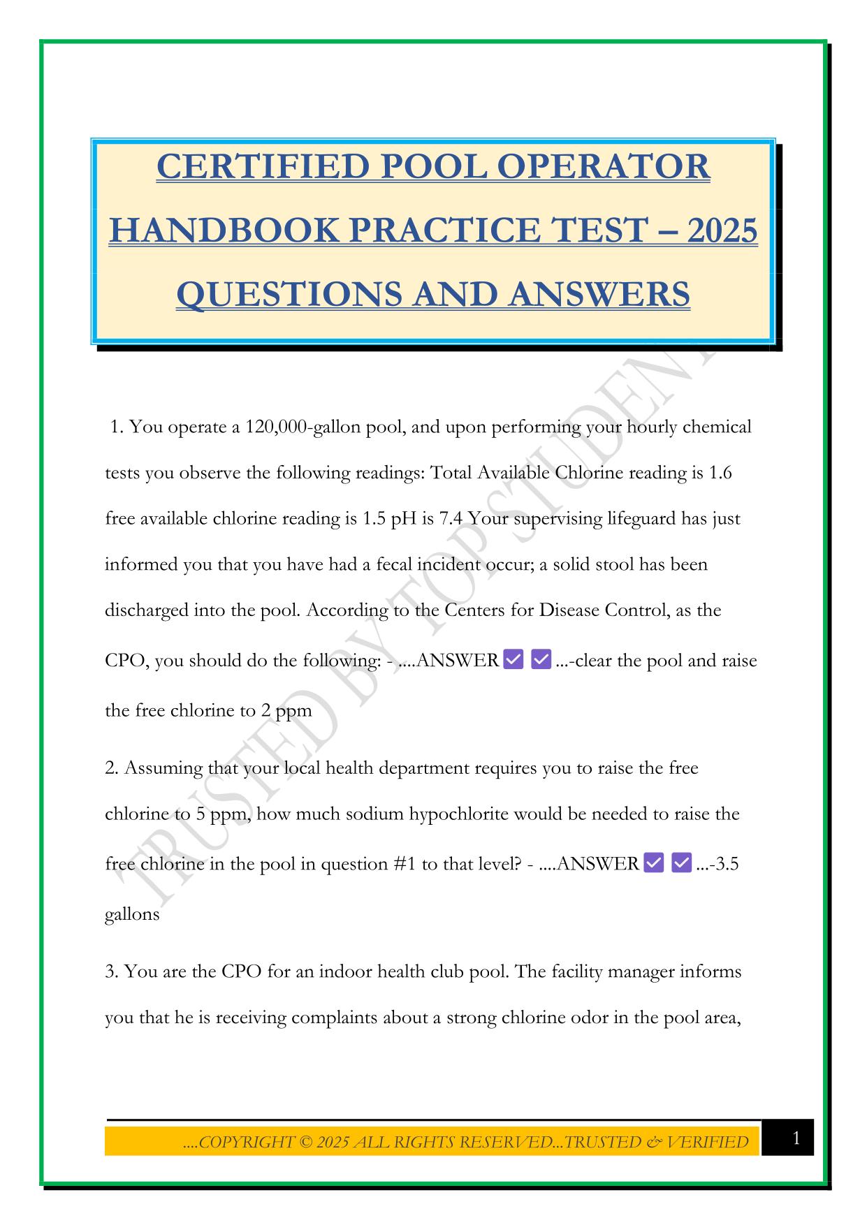 CERTIFIED POOL OPERATOR HANDBOOK PRACTICE TEST – 2025 QUESTIONS AND ANSWERS