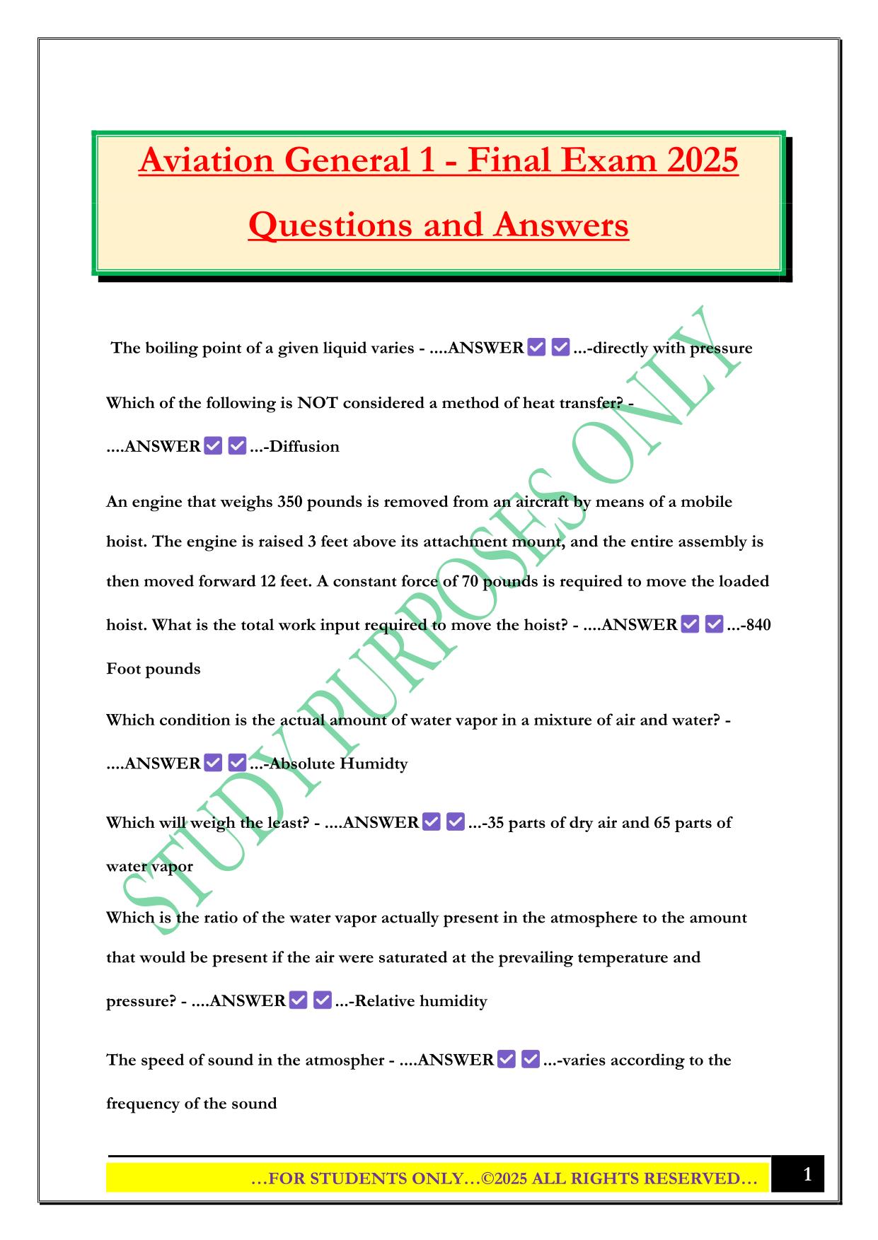 Aviation General 1 - Final Exam 2025 Questions and Answers