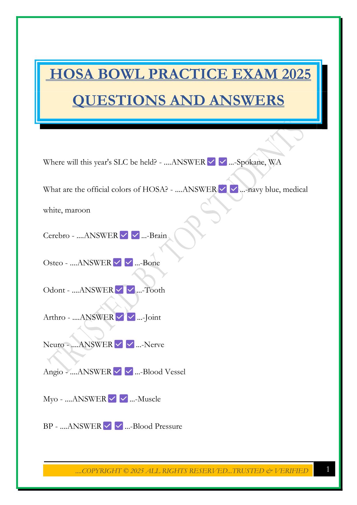 HOSA BOWL PRACTICE EXAM 2025 QUESTIONS AND ANSWERS