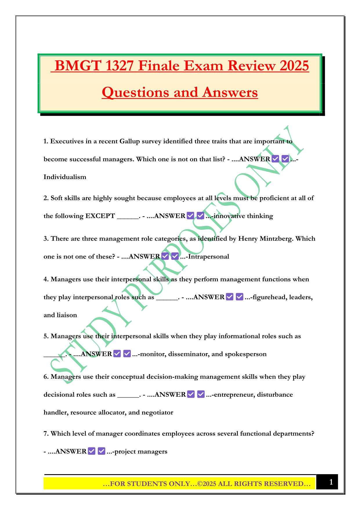 BMGT 1327 Finale Exam Review 2025 Questions and Answers