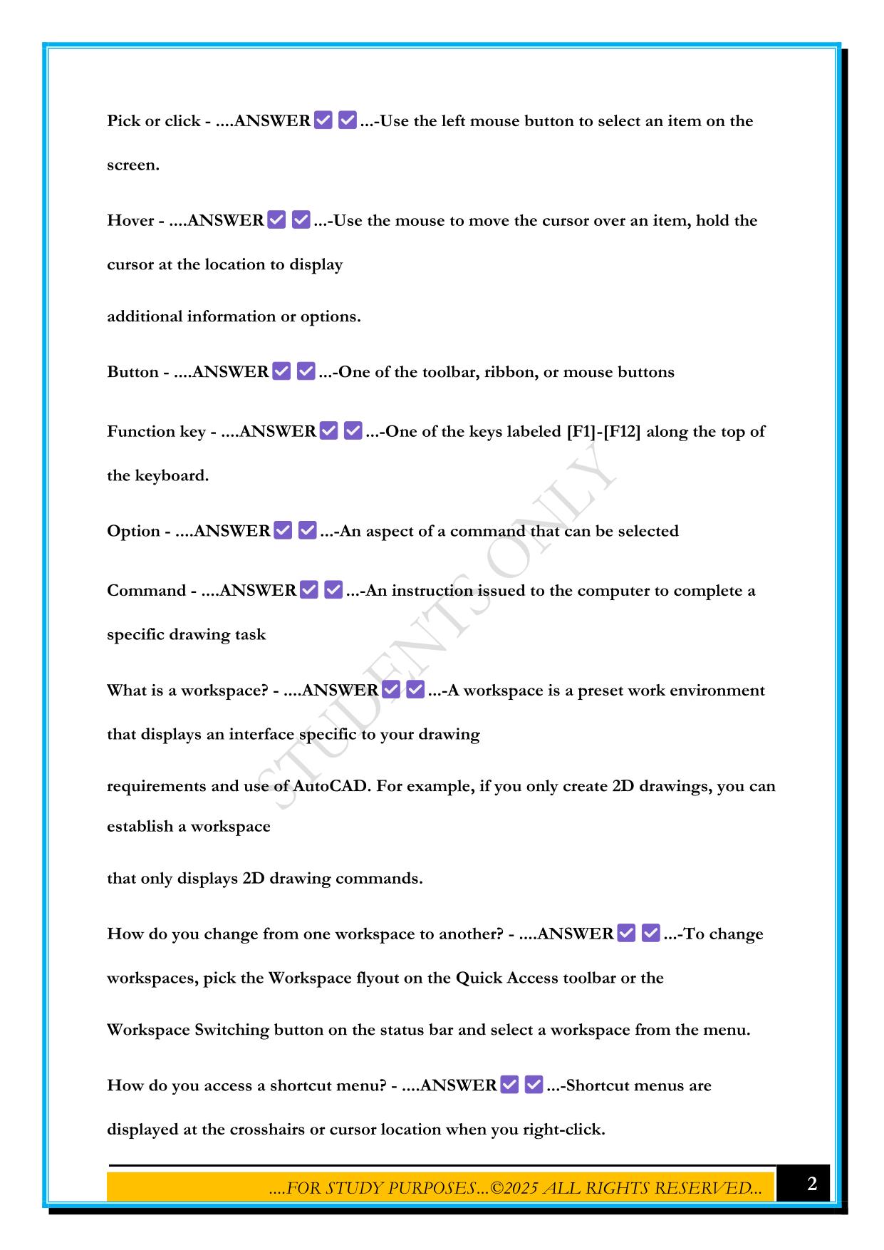 AUTOCAD TEST 1 2025 QUESTIONS AND ANSWERS
