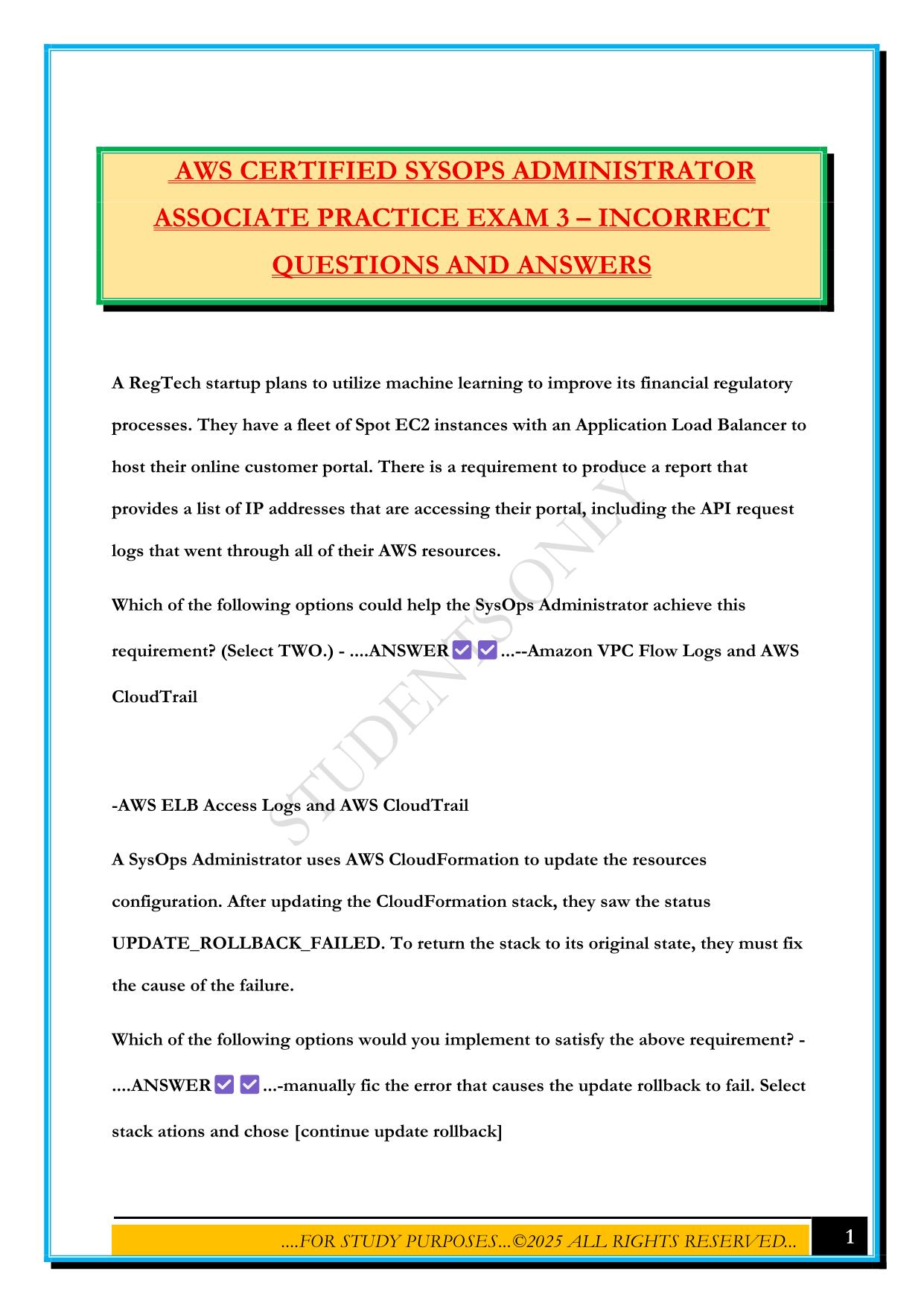 AWS CERTIFIED SYSOPS ADMINISTRATOR ASSOCIATE PRACTICE EXAM 3 – INCORRECT QUESTIONS AND ANSWERS
