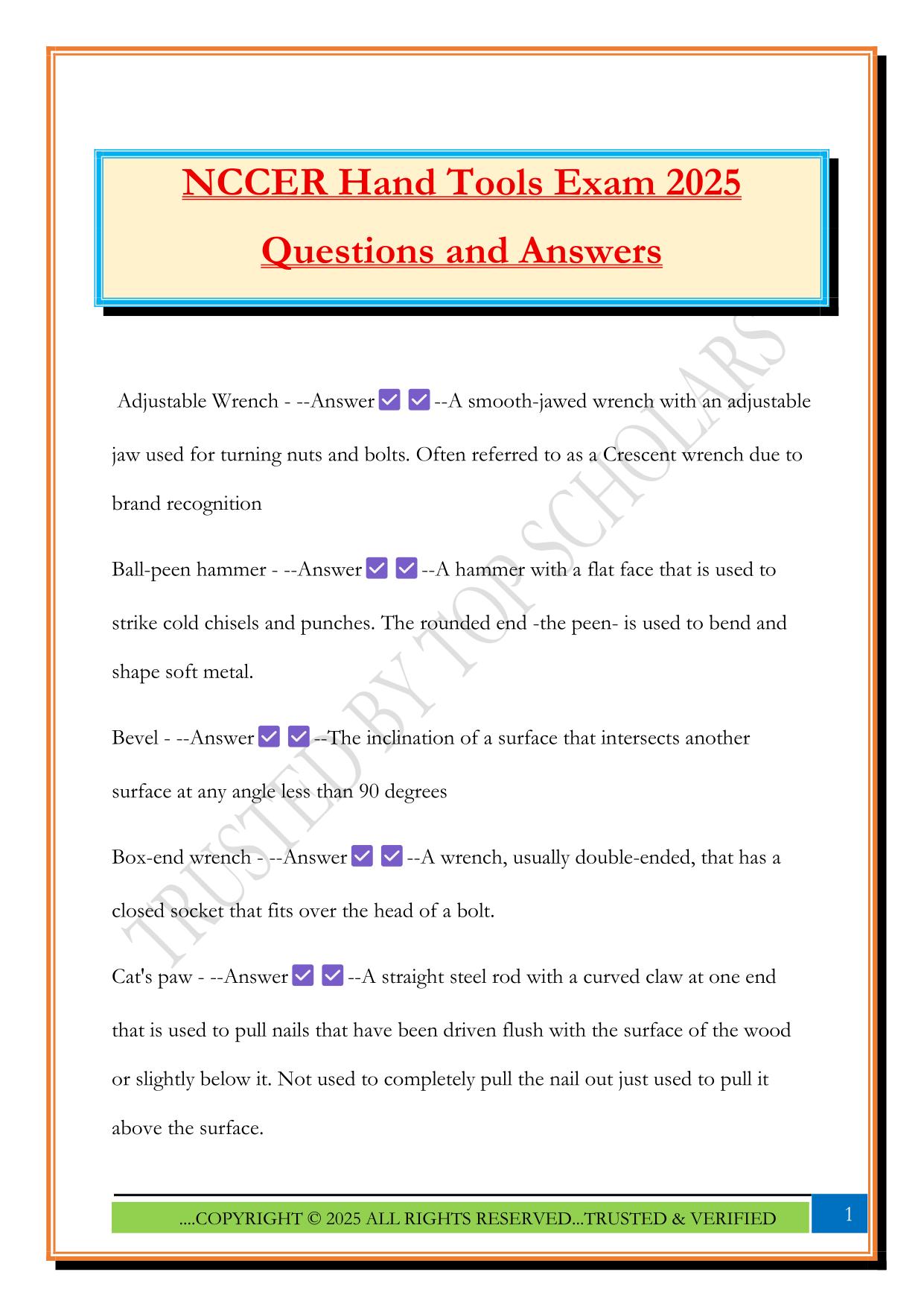 NCCER Hand Tools Exam 2025 Questions and Answers