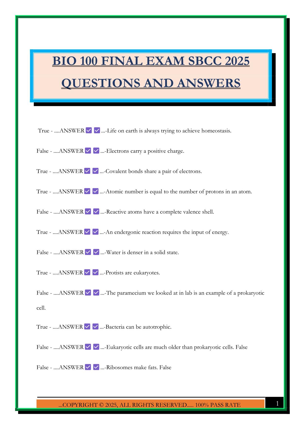 BIO 100 FINAL EXAM SBCC 2025 QUESTIONS AND ANSWERS