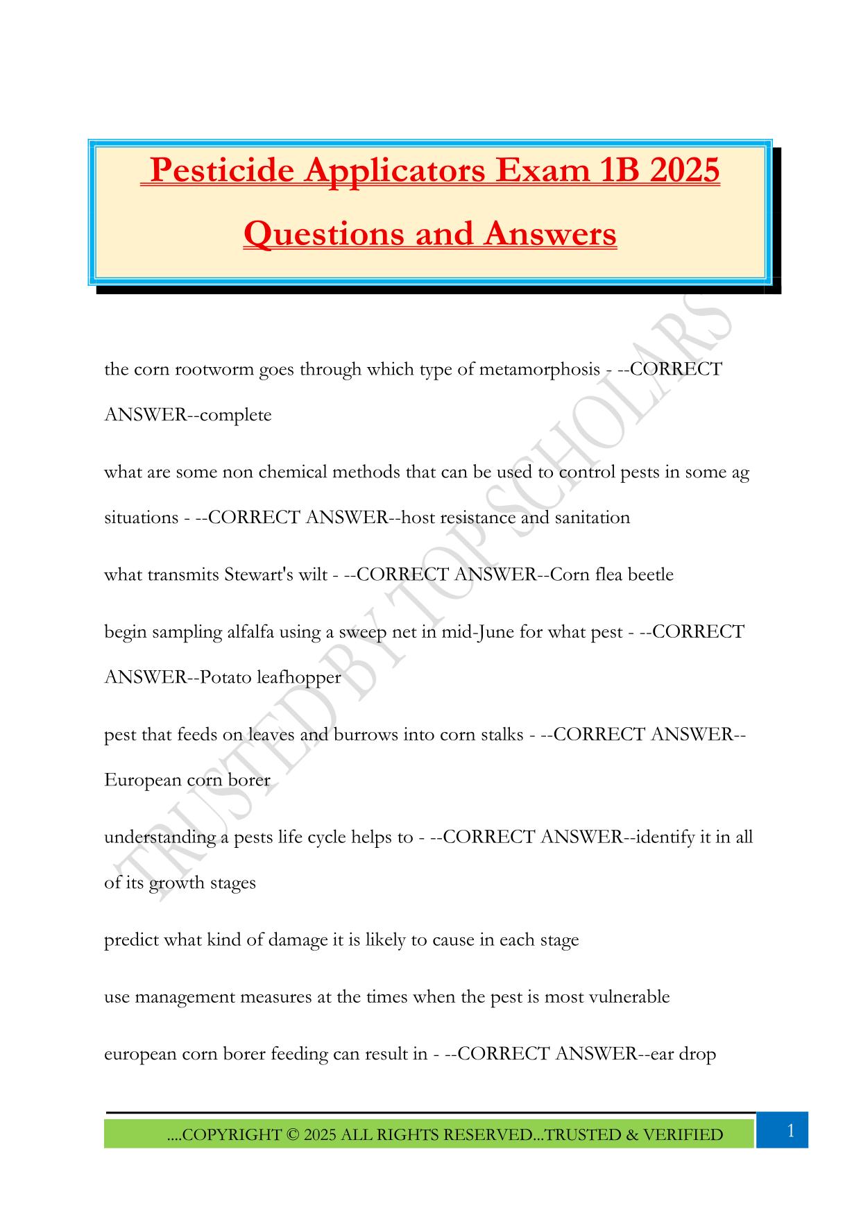 Pesticide Applicators Exam 1B 2025 Questions and Answers
