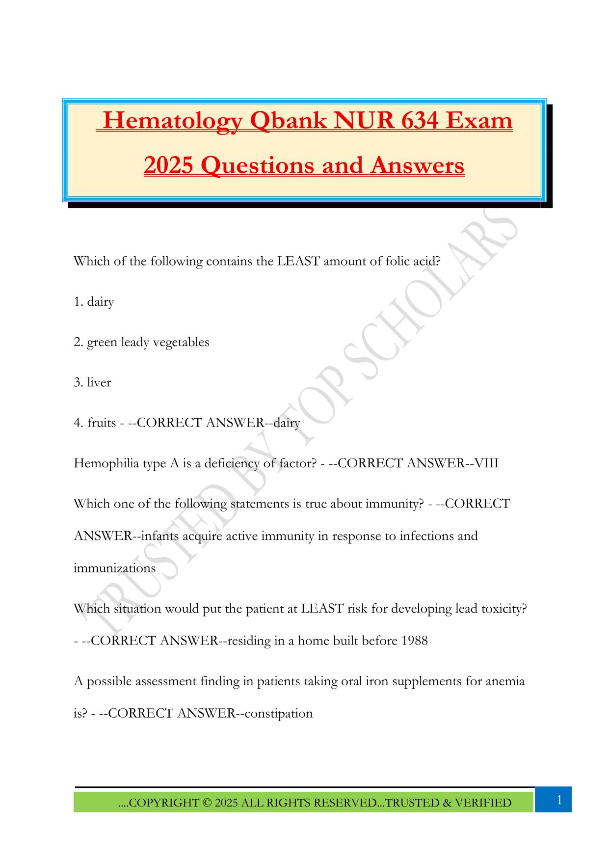 Hematology Qbank NUR 634 Exam 2025 Questions and Answers