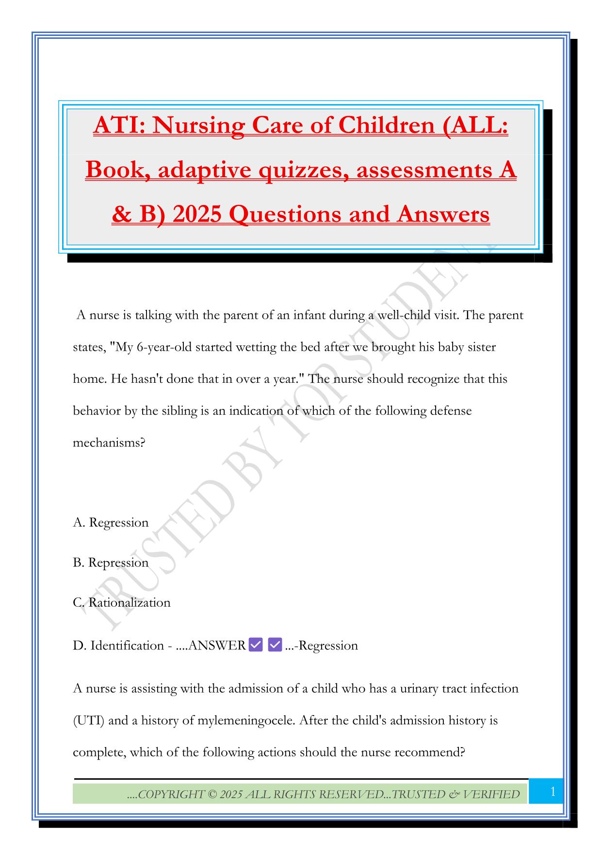 ATI: Nursing Care of Children (ALL: Book, adaptive quizzes, assessments A & B) 2025 Questions and Answers