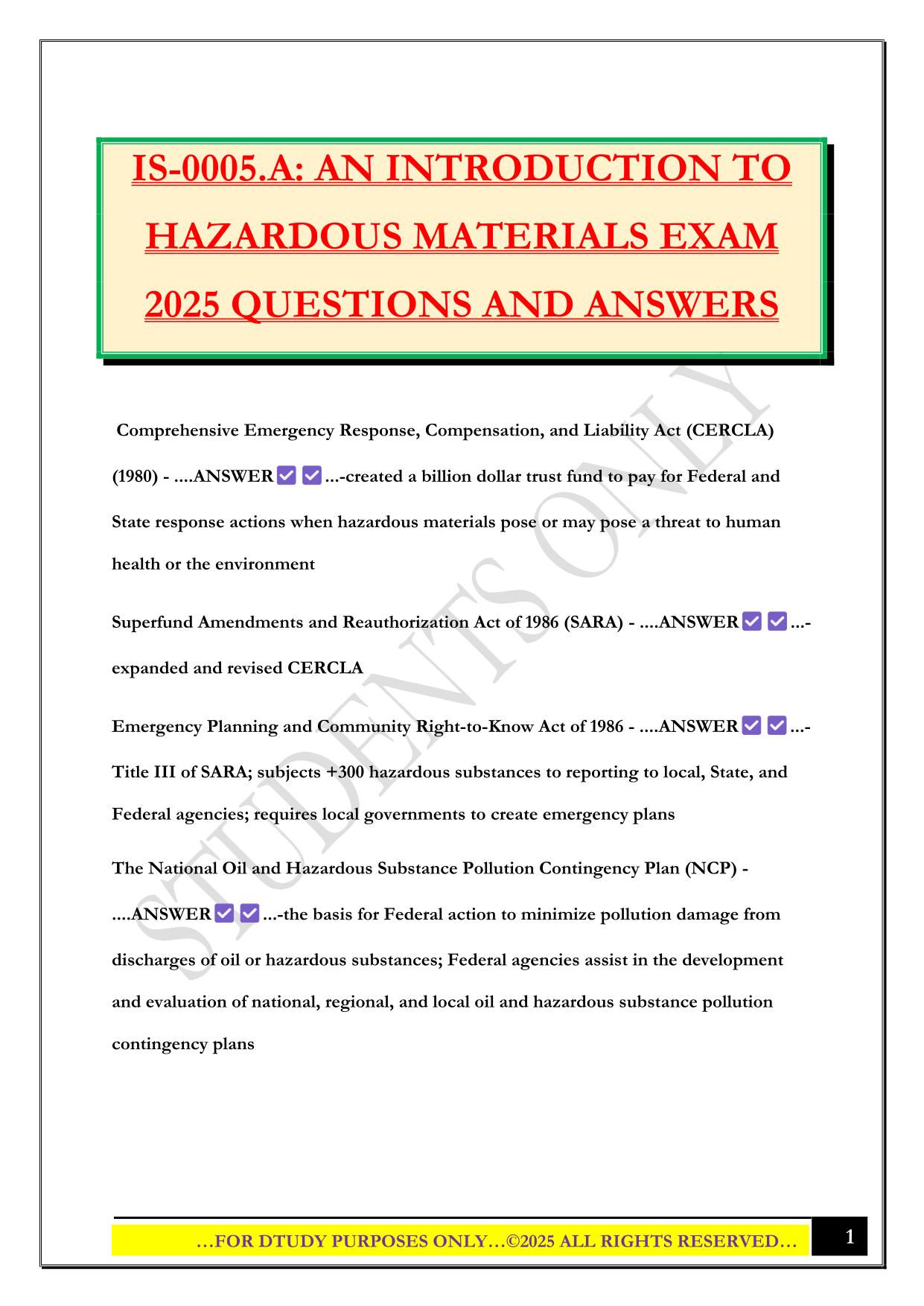 IS-0005.A: AN INTRODUCTION TO HAZARDOUS MATERIALS EXAM 2025 QUESTIONS AND ANSWERS