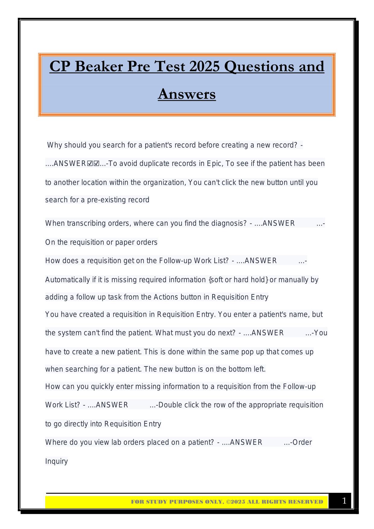 CP Beaker Pre Test 2025 Questions and Answers