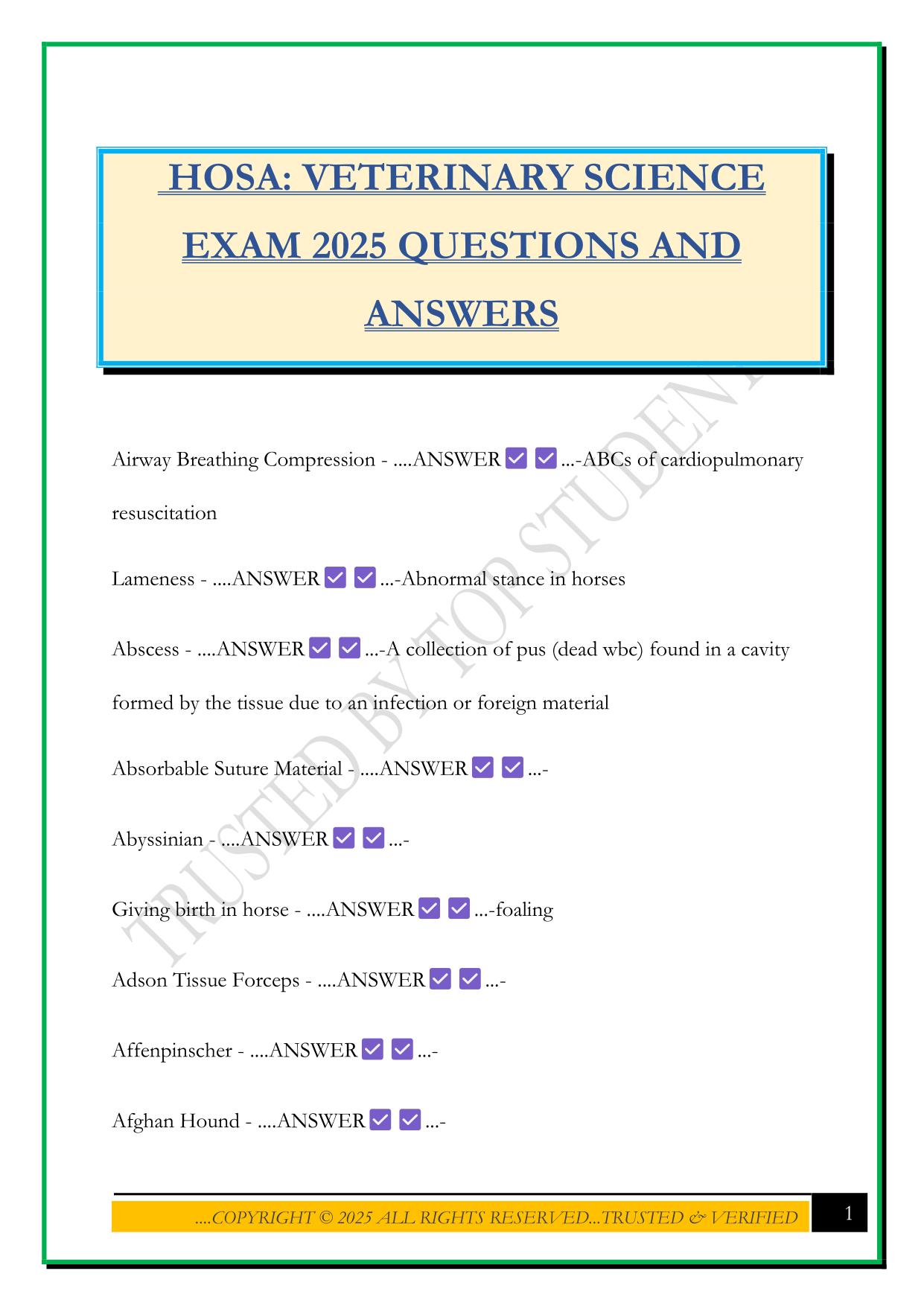 HOSA: VETERINARY SCIENCE EXAM 2025 QUESTIONS AND ANSWERS