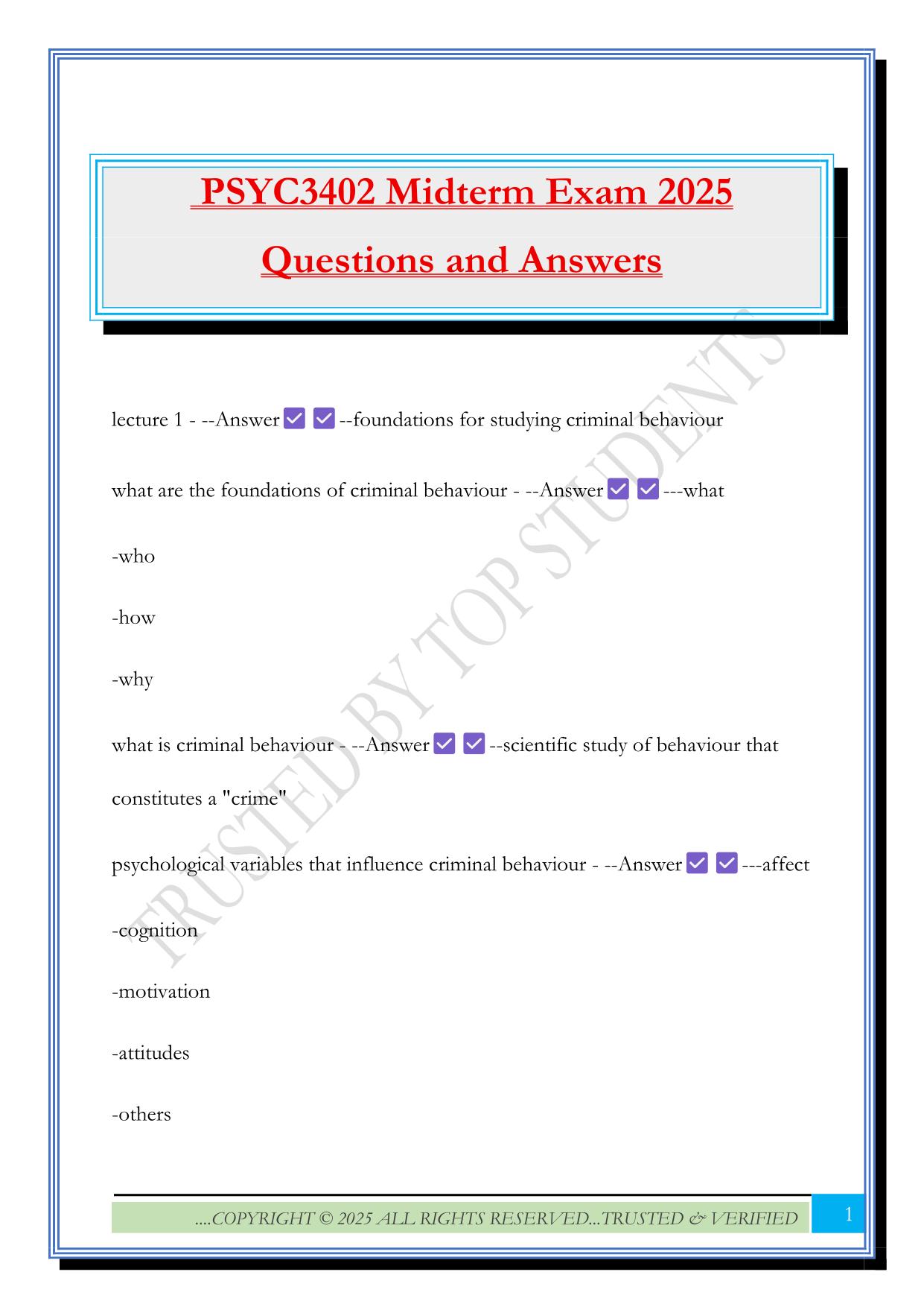 PSYC3402 Midterm Exam 2025 Questions and Answers