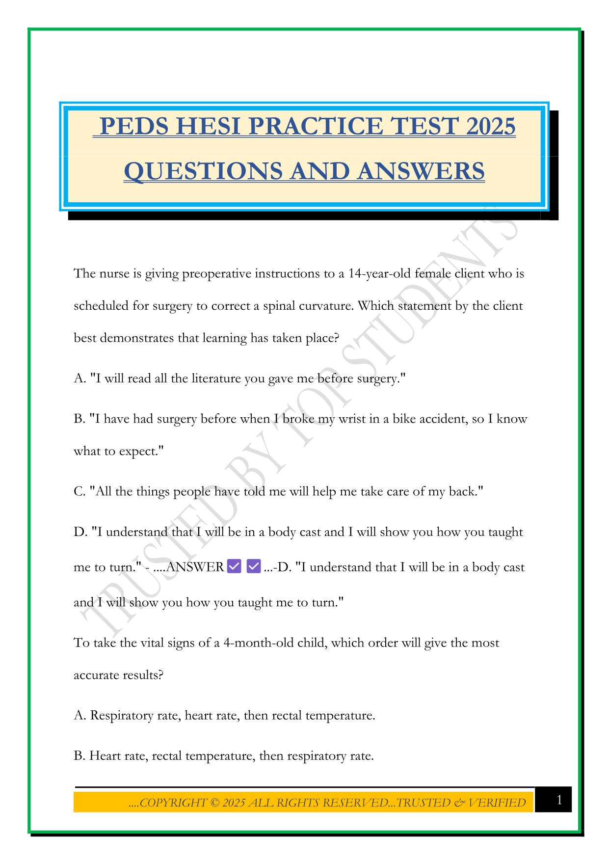 PEDS HESI PRACTICE TEST 2025 QUESTIONS AND ANSWERS