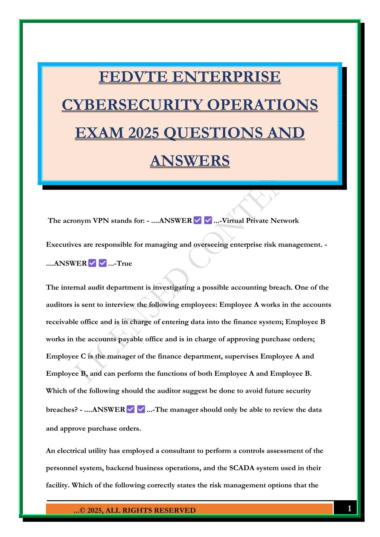 FEDVTE ENTERPRISE CYBERSECURITY OPERATIONS EXAM 2025 QUESTIONS AND ANSWERS