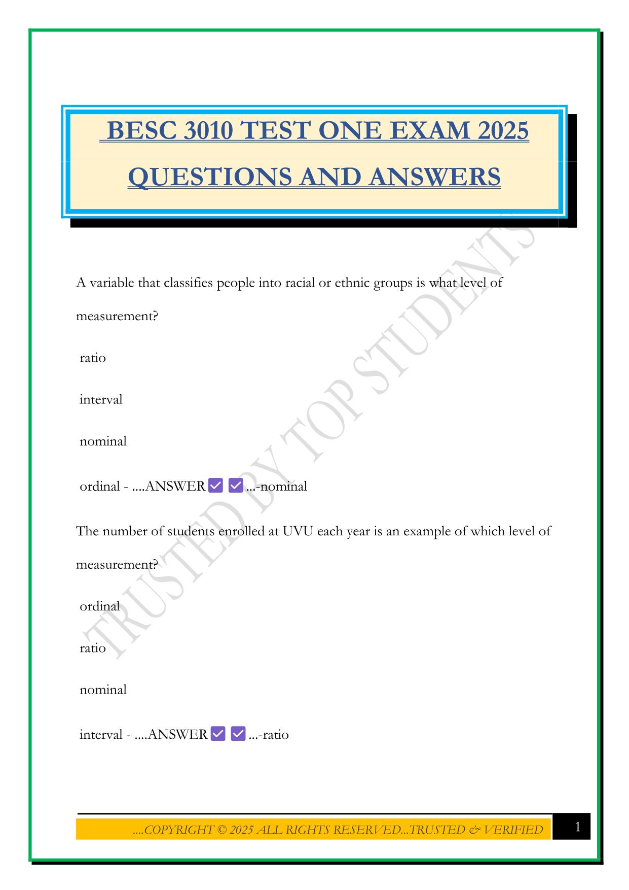 BESC 3010 TEST ONE EXAM 2025 QUESTIONS AND ANSWERS