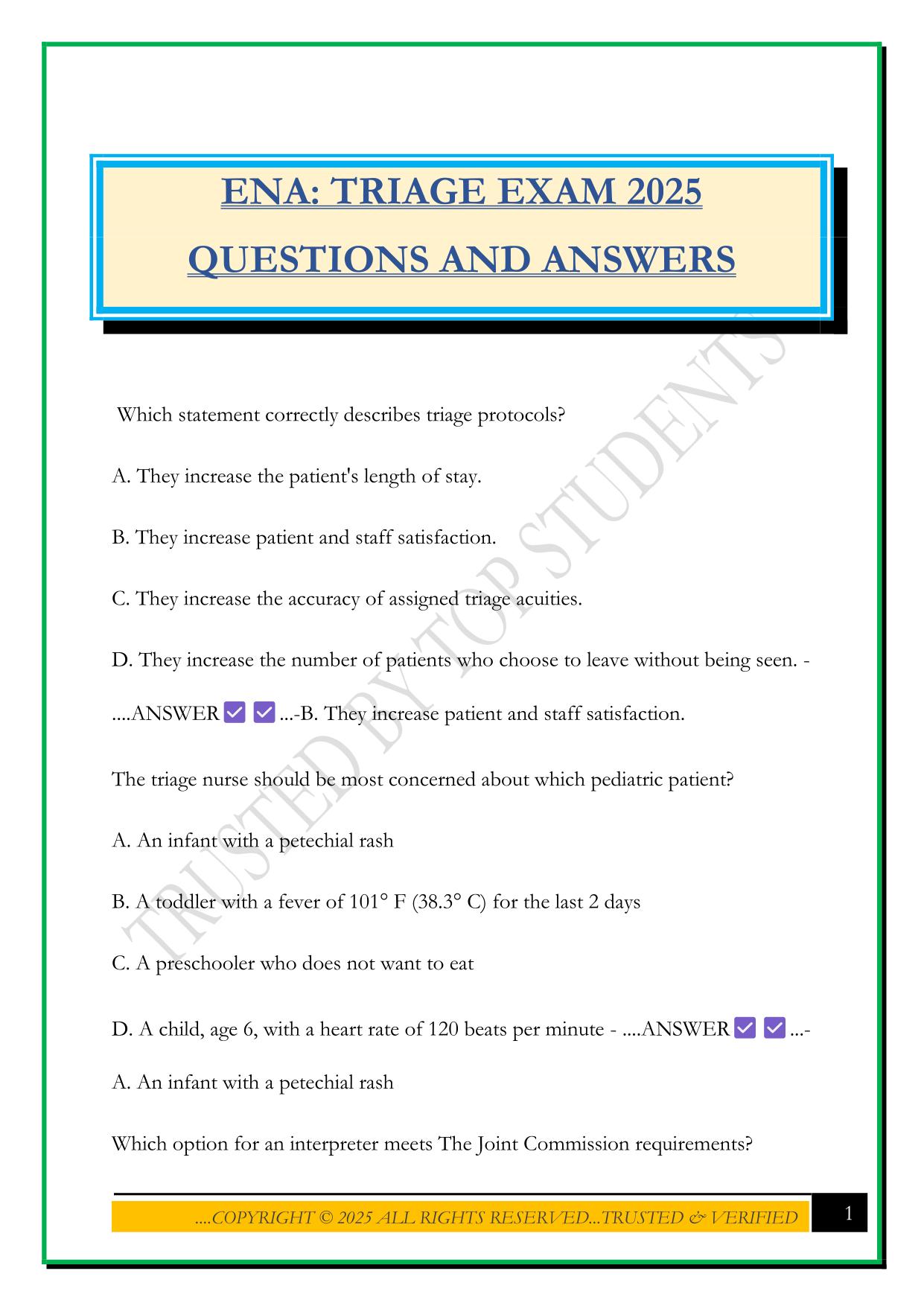 ENA: TRIAGE EXAM 2025 QUESTIONS AND ANSWERS