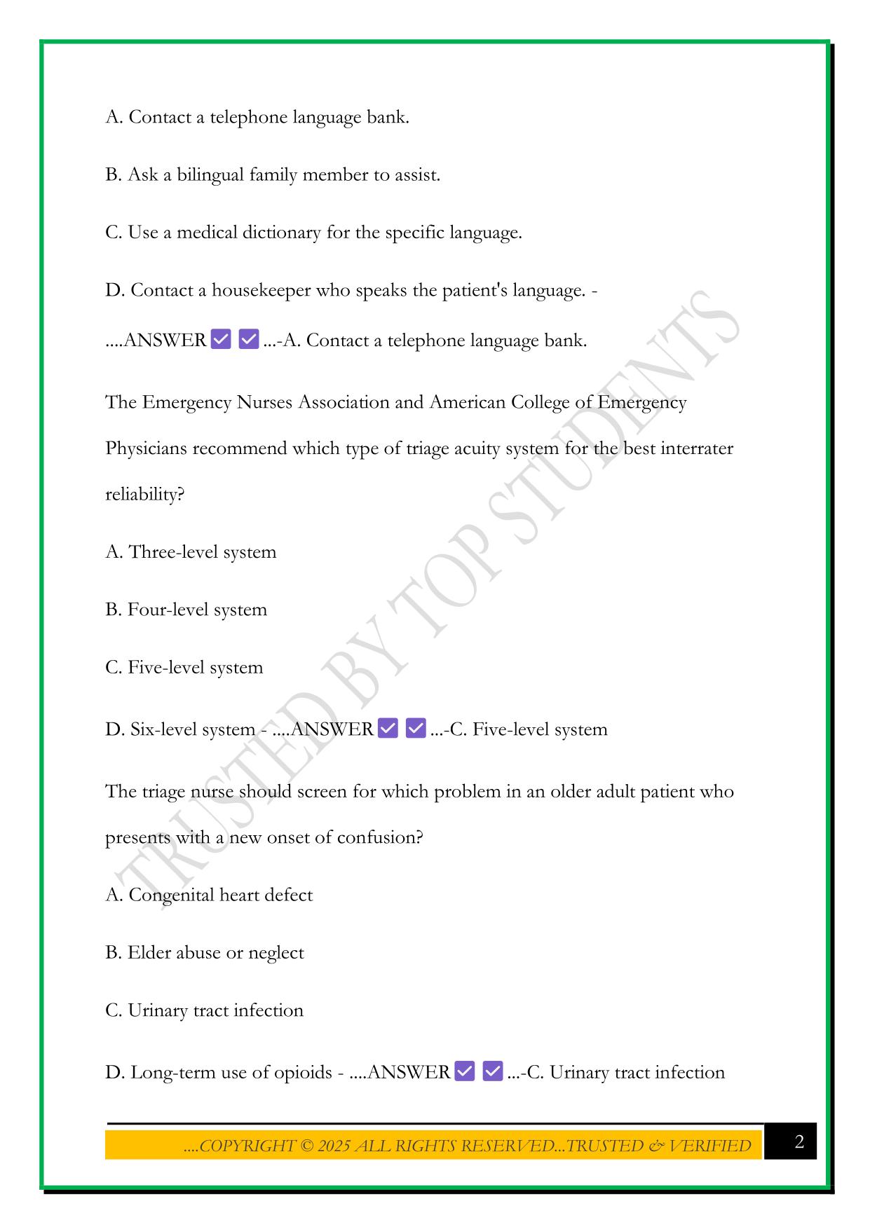 ENA: TRIAGE EXAM 2025 QUESTIONS AND ANSWERS