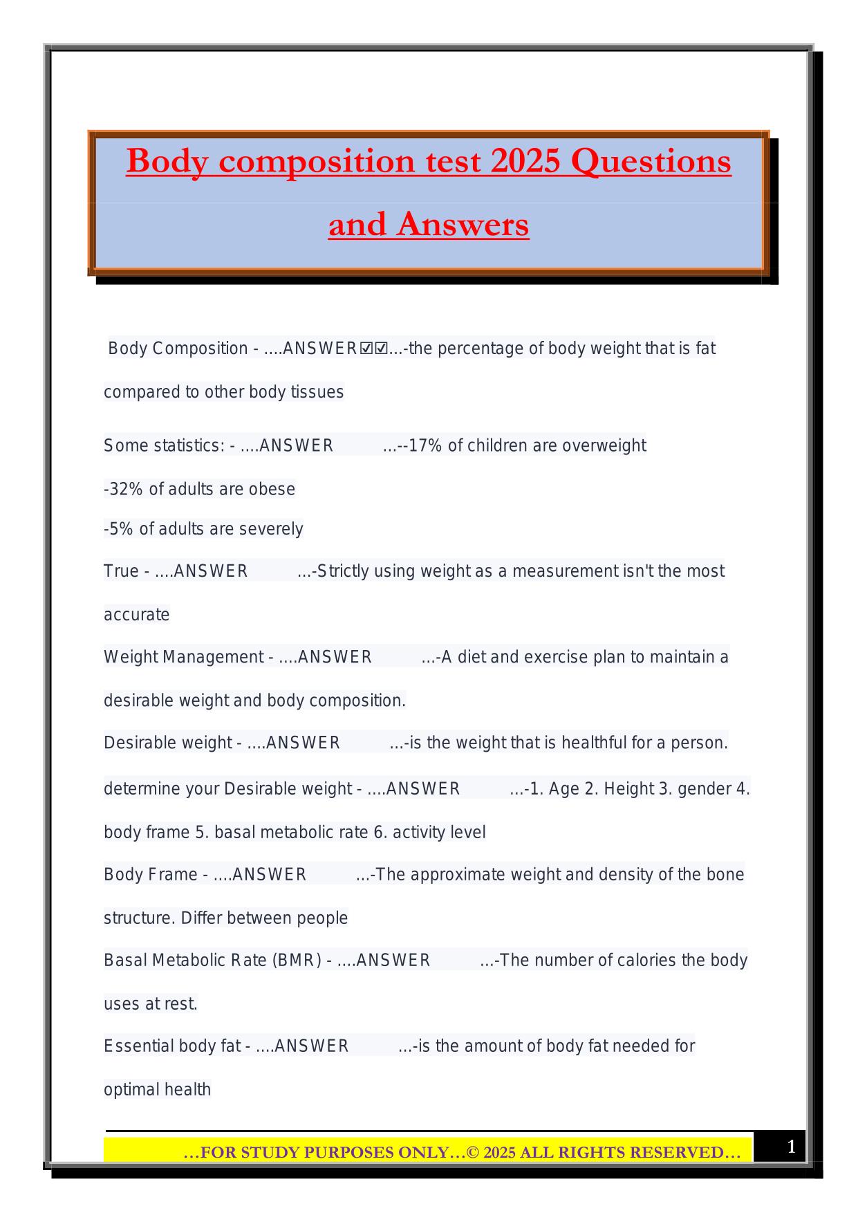 Body composition test 2025 Questions and Answers