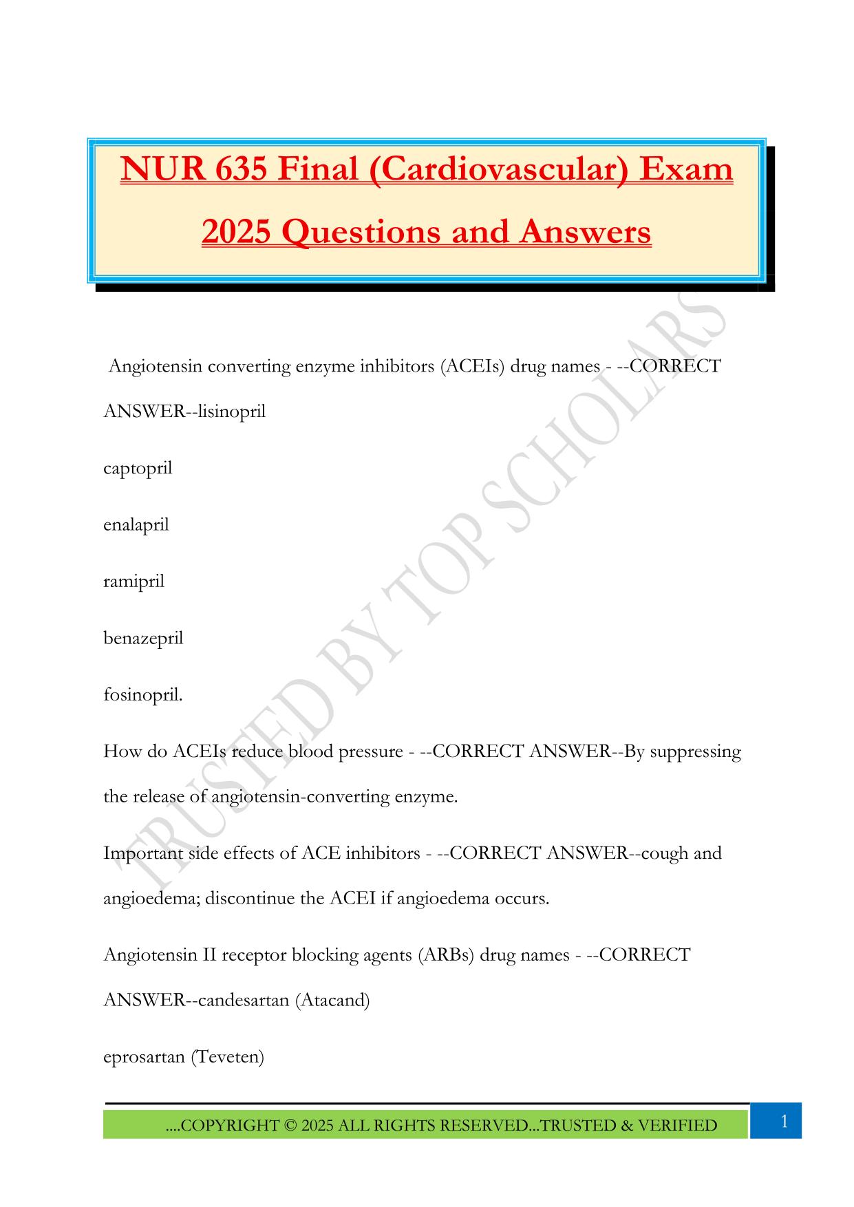 NUR 635 Final (Cardiovascular) Exam 2025 Questions and Answers