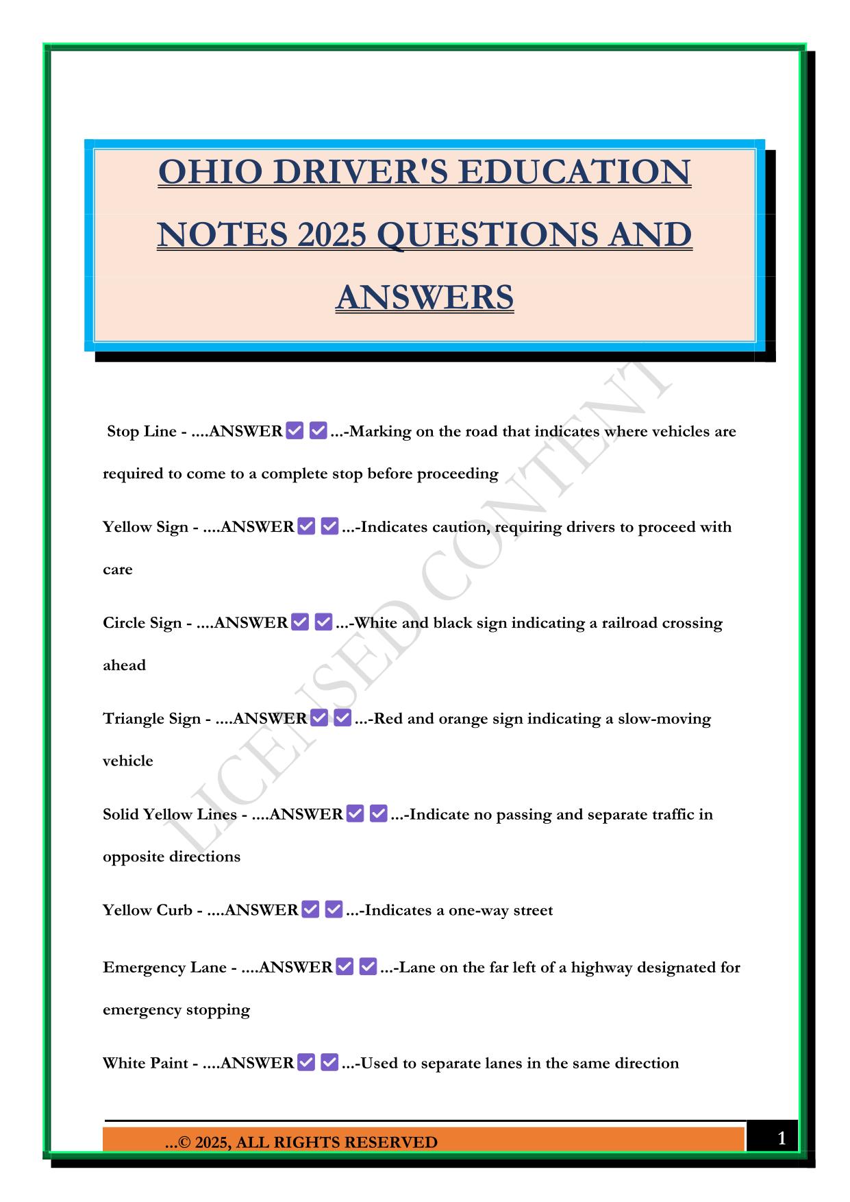 OHIO DRIVER'S EDUCATION NOTES 2025 QUESTIONS AND ANSWERS