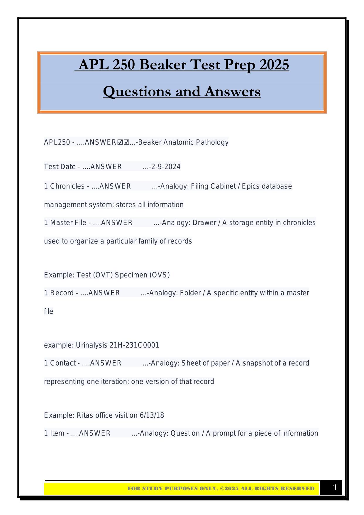 APL 250 Beaker Test Prep 2025 Questions and Answers