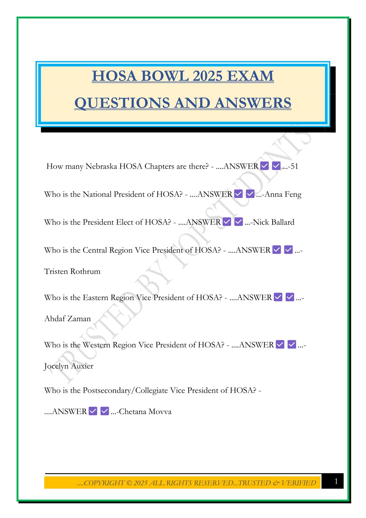 HOSA BOWL 2025 EXAM QUESTIONS AND ANSWERS