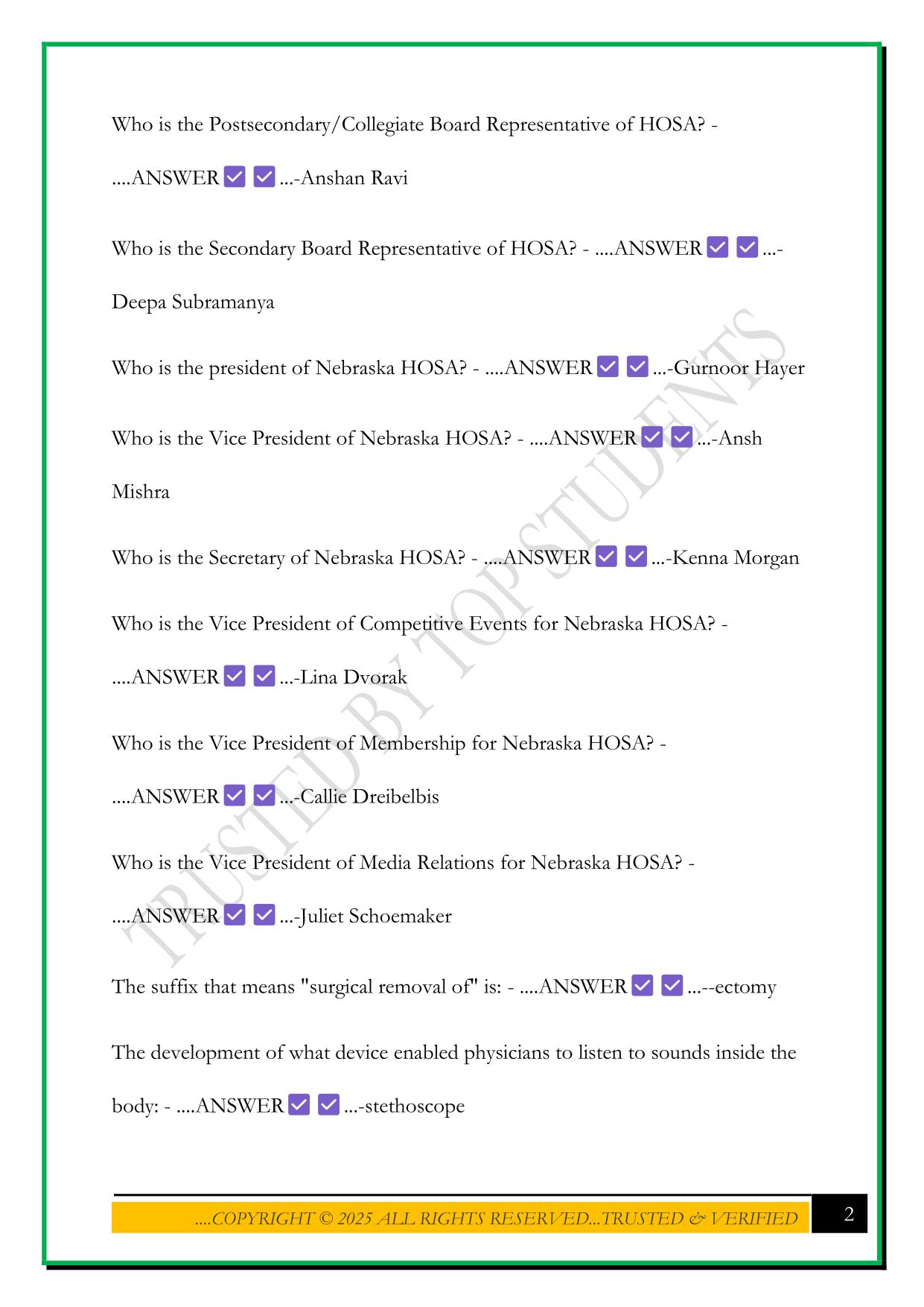 HOSA BOWL 2025 EXAM QUESTIONS AND ANSWERS