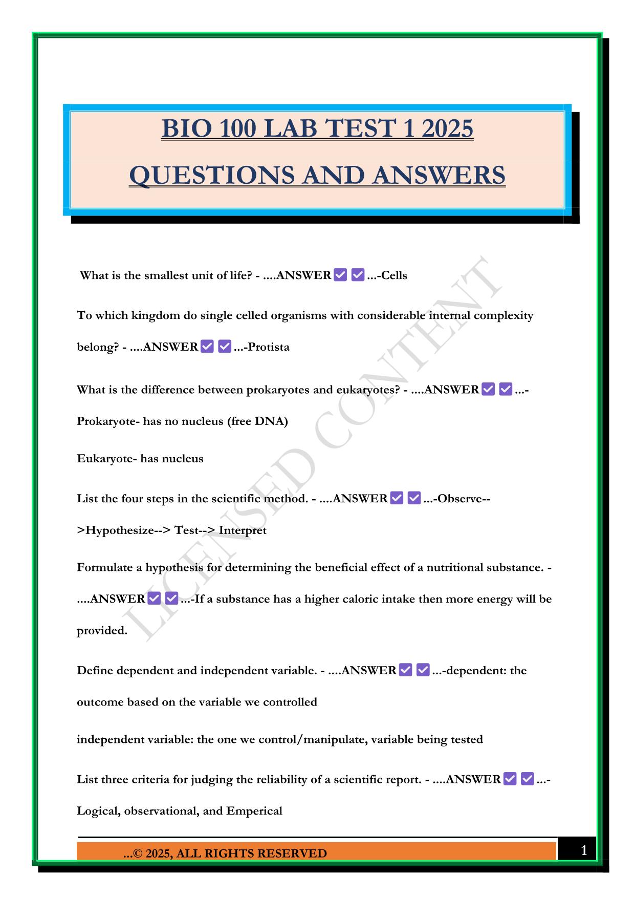 BIO 100 Bundled Exams Questions and Answers 100% Pass