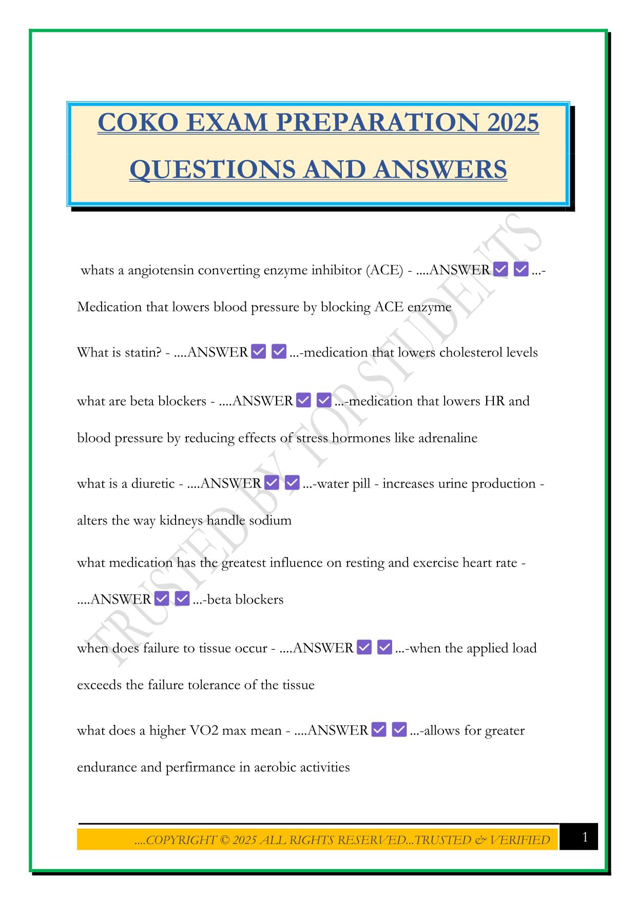 COKO EXAM PREPARATION 2025 QUESTIONS AND ANSWERS