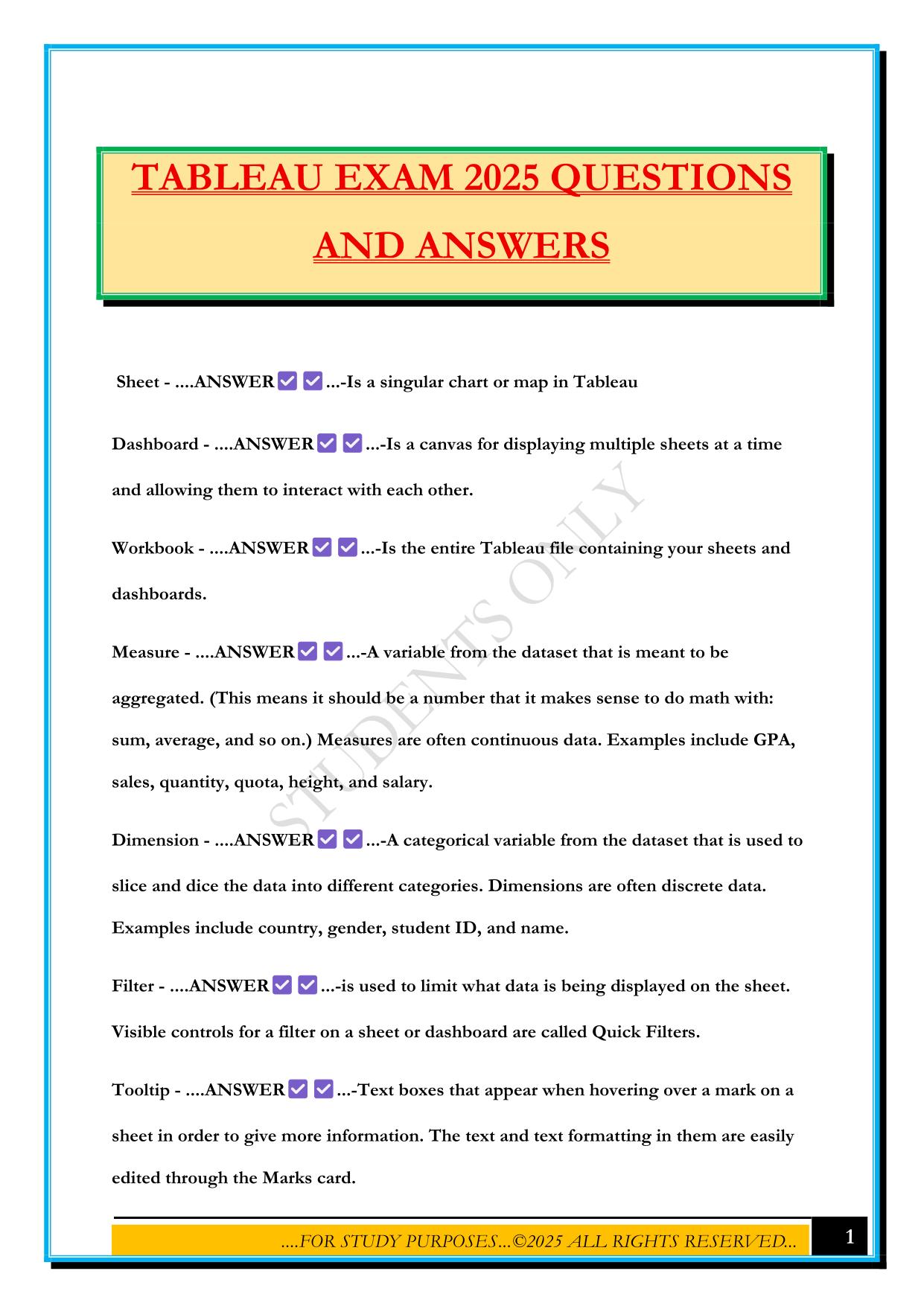 TABLEAU EXAM 2025 QUESTIONS AND ANSWERS