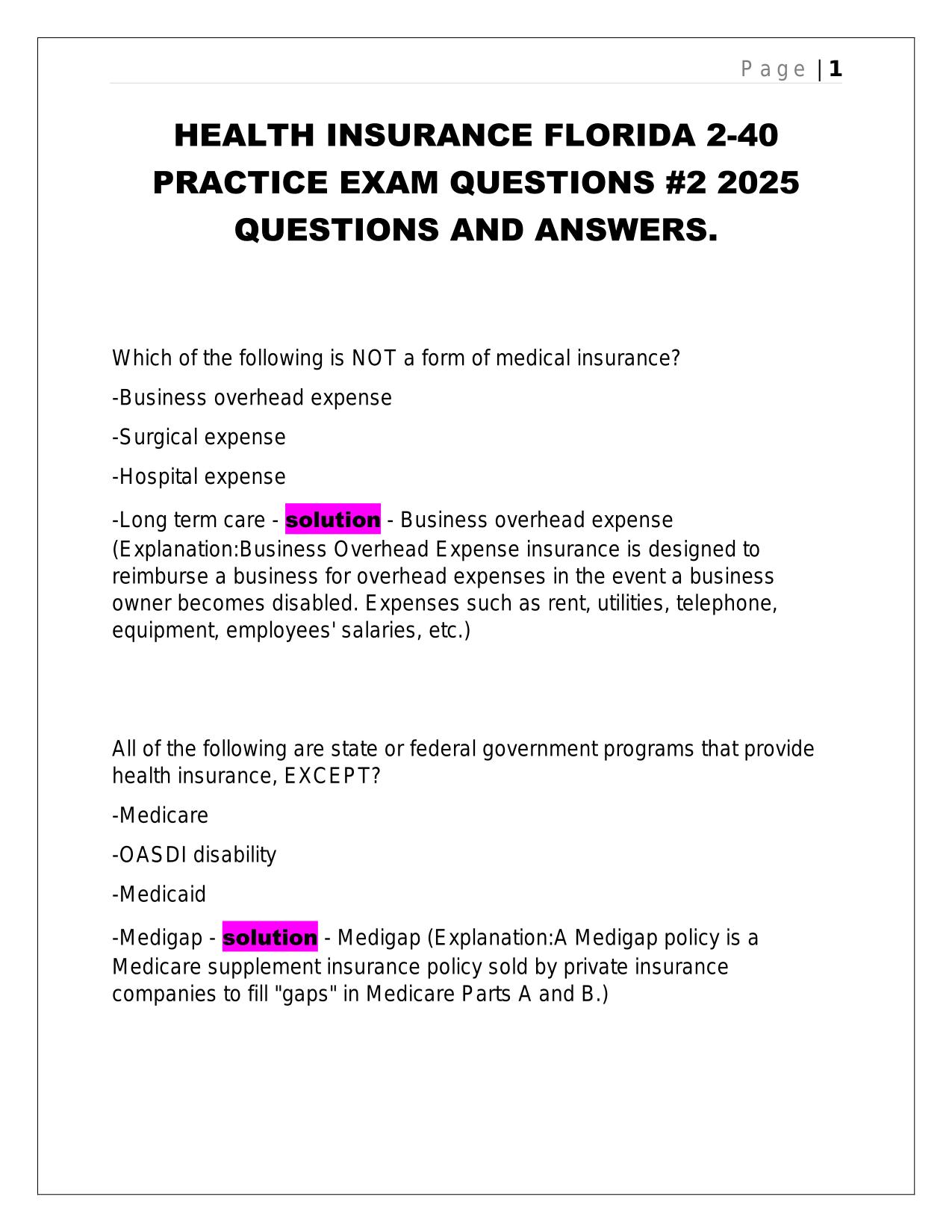 HEALTH INSURANCE FLORIDA 2-40 PRACTICE EXAM QUESTIONS #2 2025 QUESTIONS AND ANSWERS.