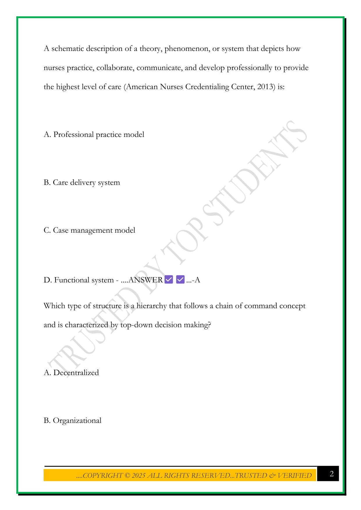 LEADERSHIP/MANAGEMENT PRACTICE QUESTIONS WITH CORRECT ANSWERS