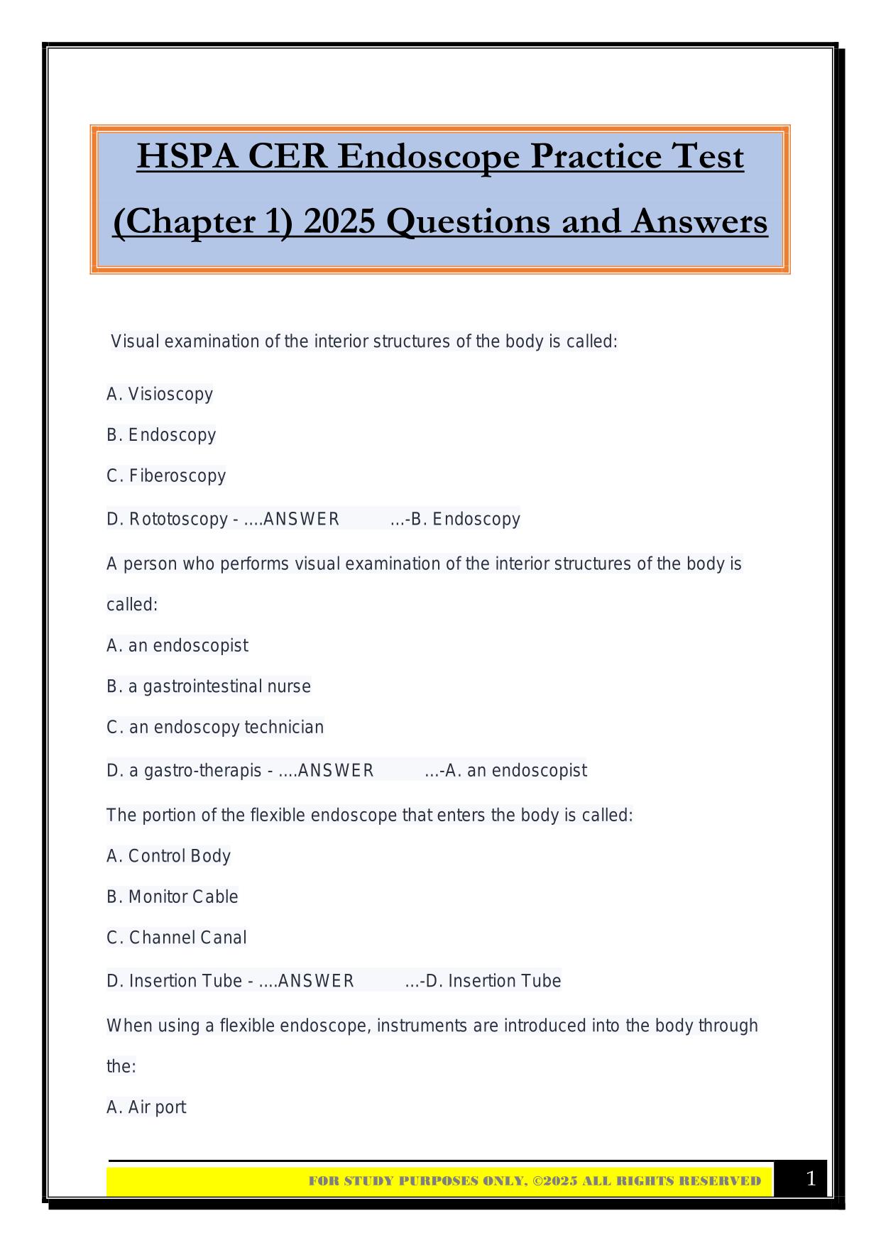 HSPA CER Endoscope Practice Test (Chapter 1) 2025 Questions and Answers