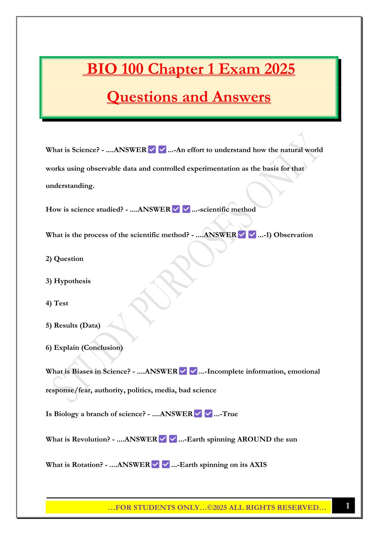 BIO100 Bundled Exams 2025/2026 |Questions and Answers|100% Pass