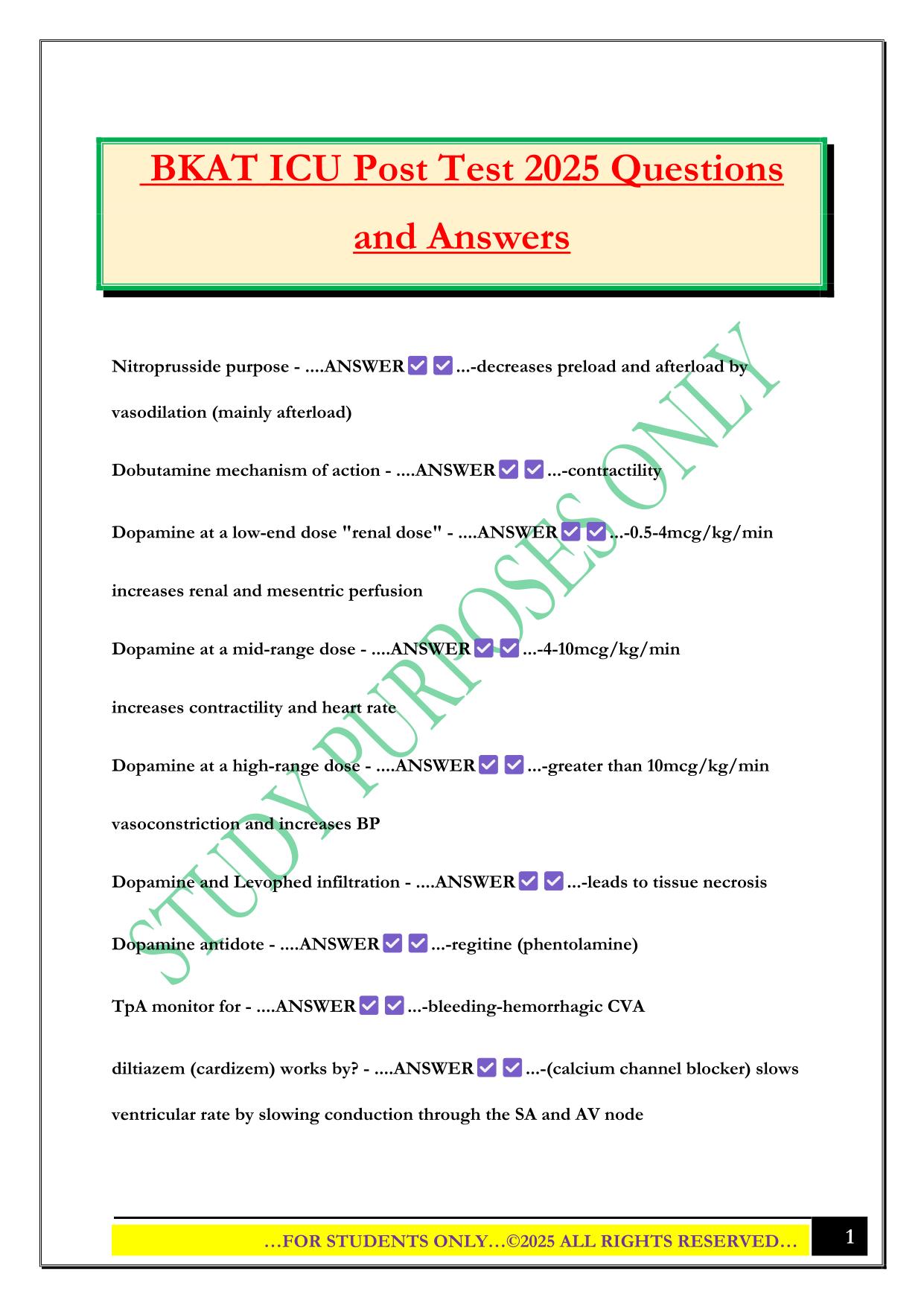 BKAT ICU Post Test 2025 Questions and Answers