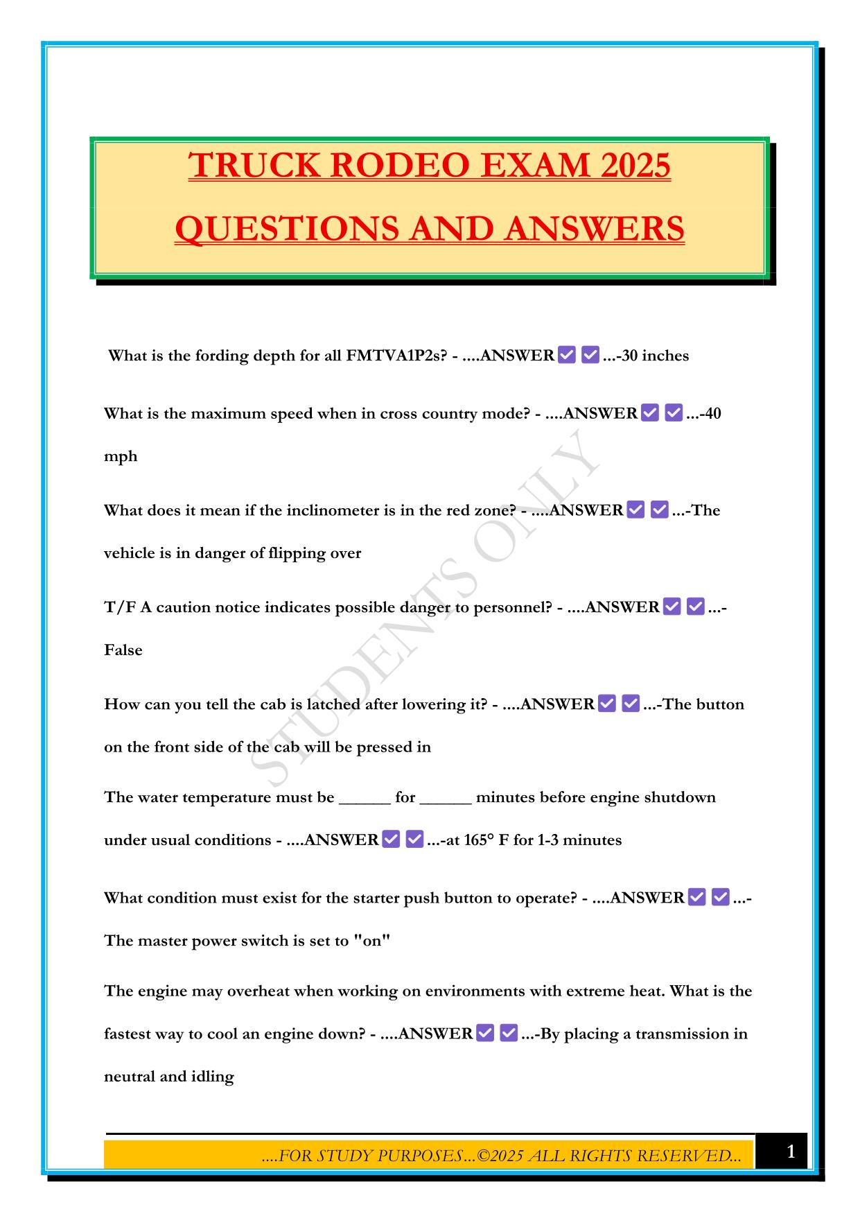 TRUCK RODEO EXAM 2025 QUESTIONS AND ANSWERS