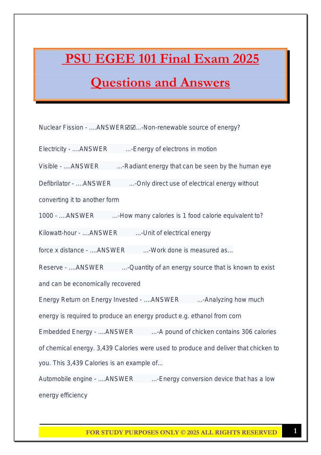 PSU EGEE 101 Final Exam 2025 Questions and Answers