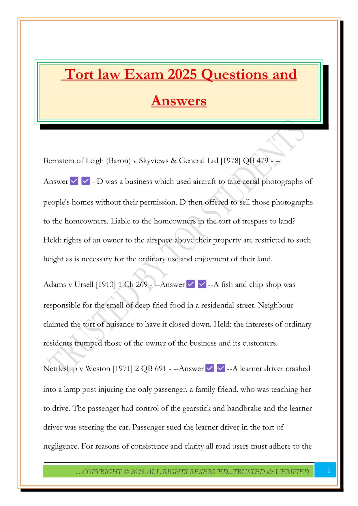 Tort law Exam 2025 Questions and Answers