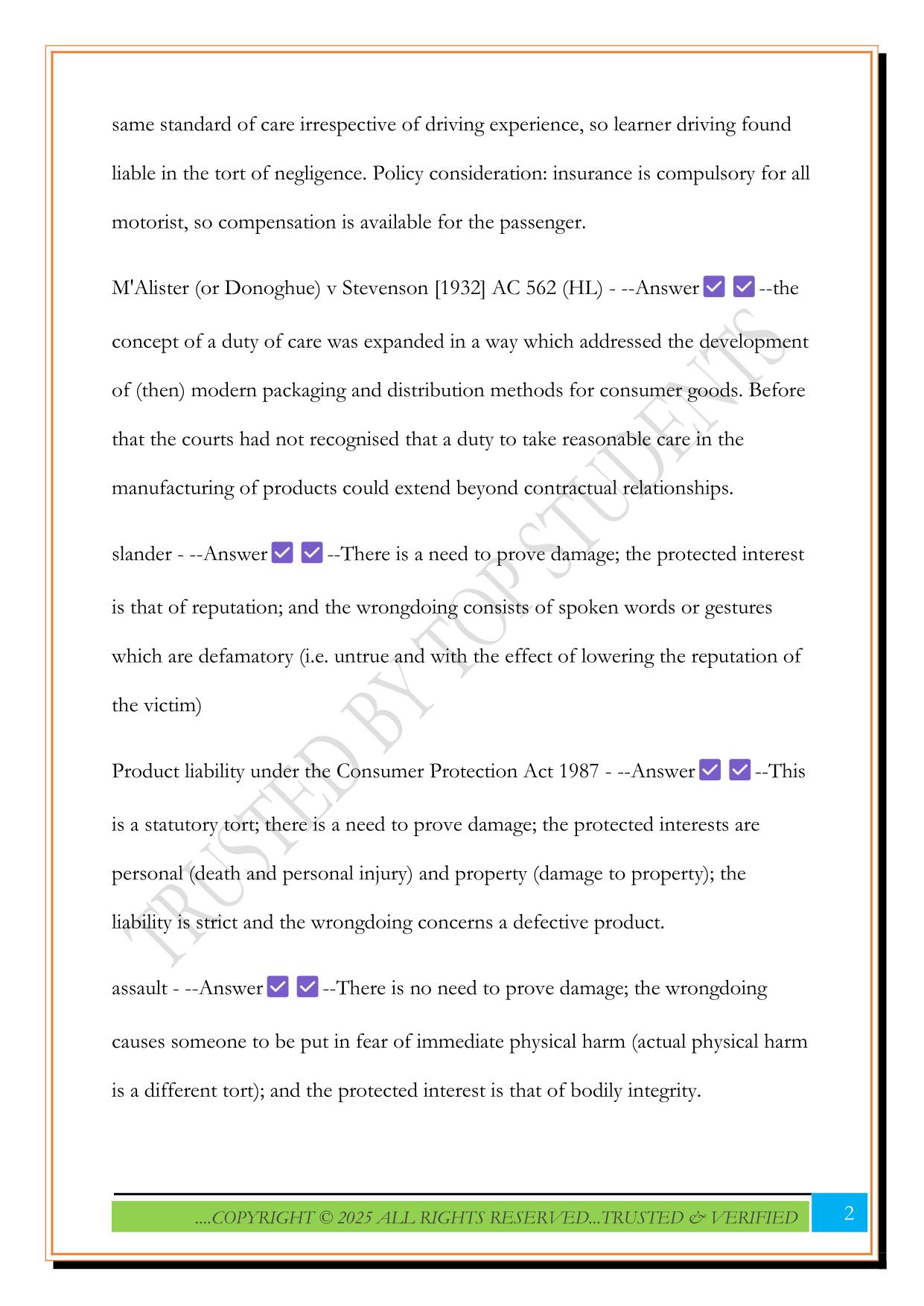 Tort law Exam 2025 Questions and Answers