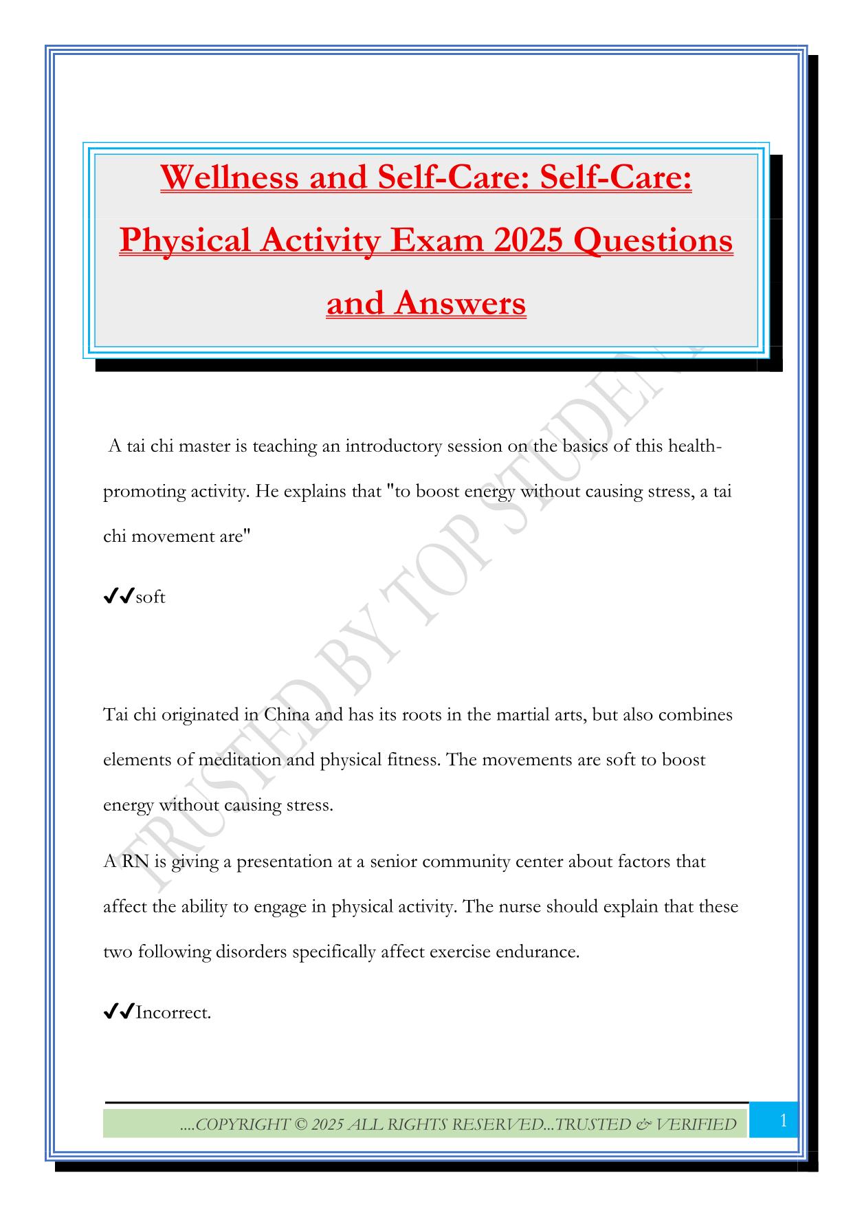 Wellness and Self-Care: Self-Care: Physical Activity Exam 2025 Questions and Answers