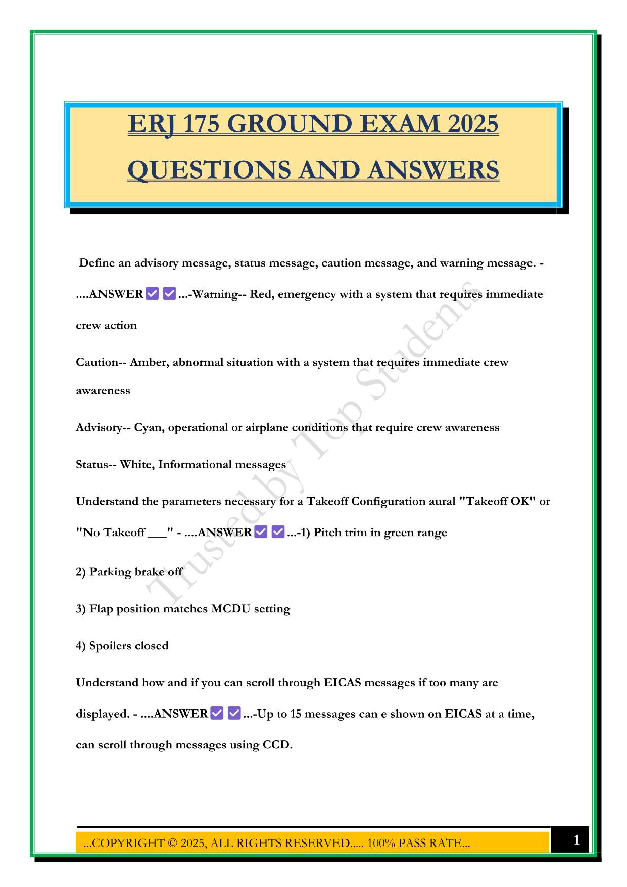 ERJ 175 GROUND EXAM 2025 QUESTIONS AND ANSWERS