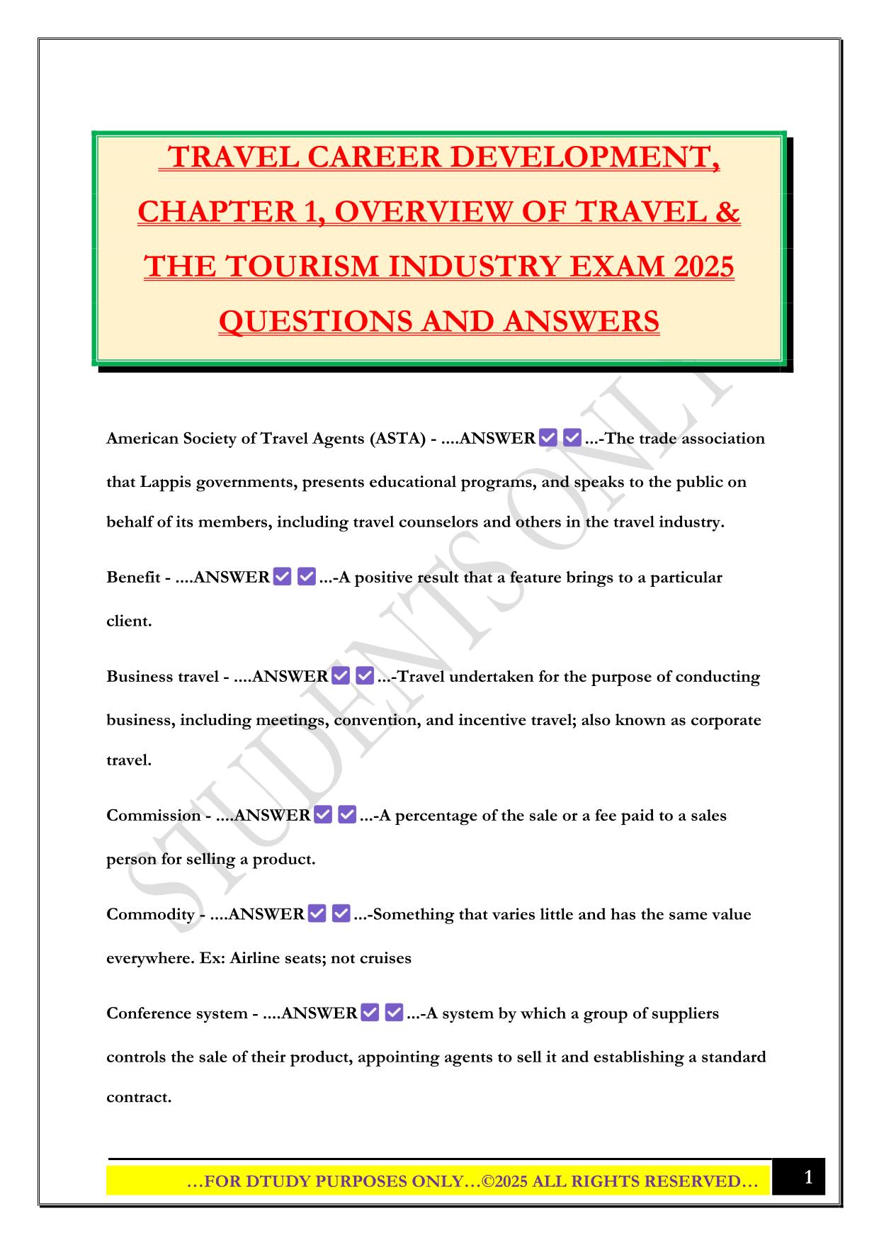 TRAVEL CAREER DEVELOPMENT, CHAPTER 1, OVERVIEW OF TRAVEL & THE TOURISM INDUSTRY EXAM 2025 QUESTIONS AND ANSWERS
