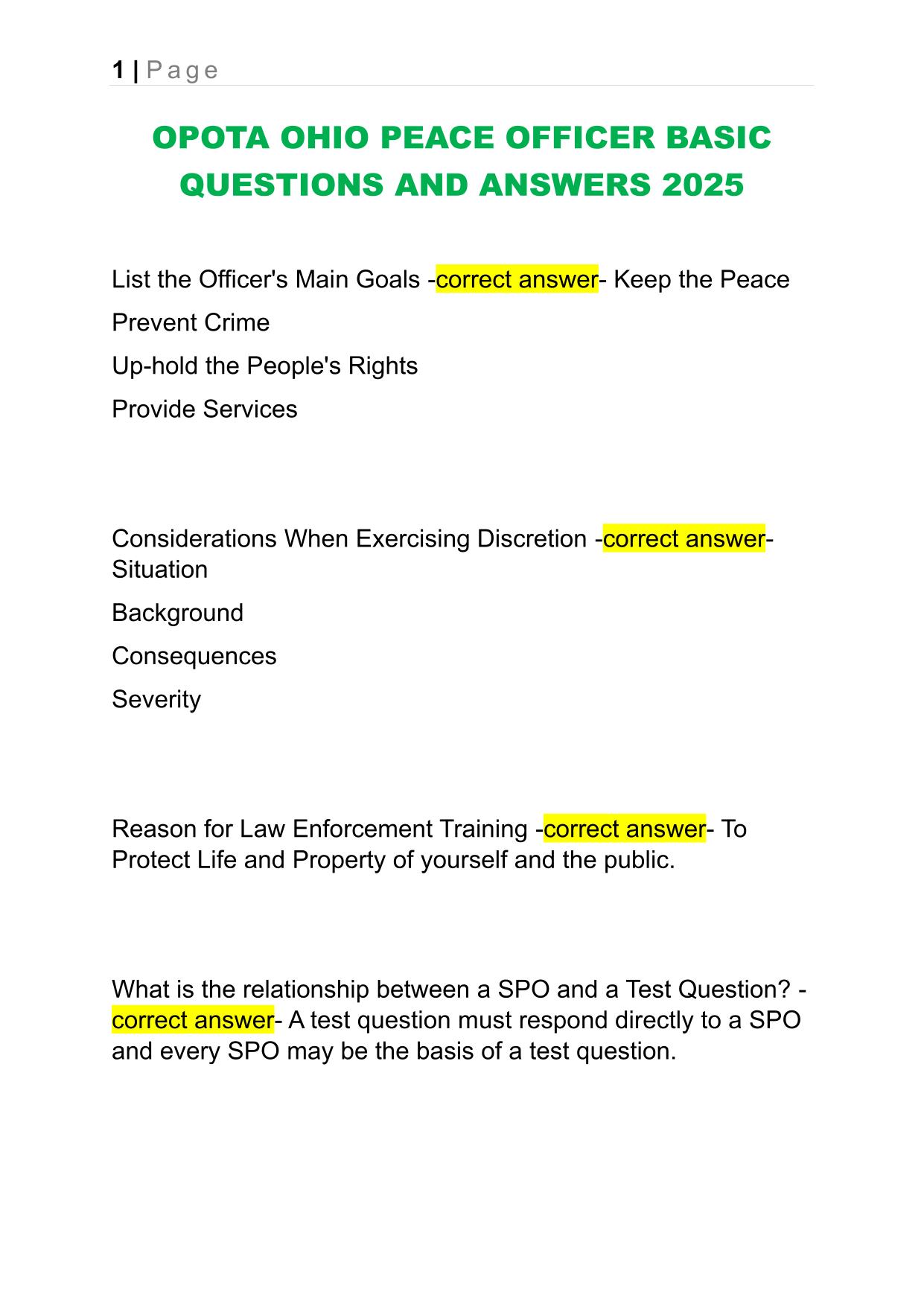 OPOTA OHIO PEACE OFFICER BASIC QUESTIONS AND ANSWERS 2025