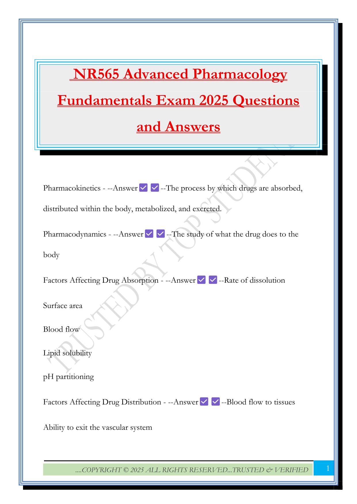 NR565 Advanced Pharmacology Fundamentals Exam 2025 Questions and Answers