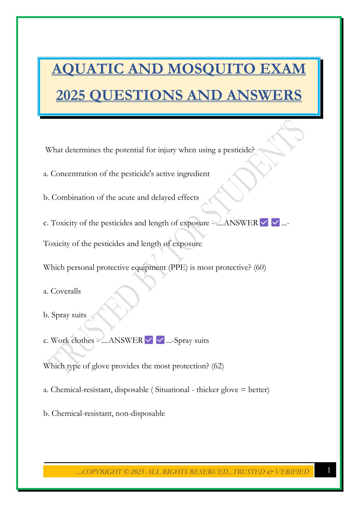 AQUATIC AND MOSQUITO EXAM 2025 QUESTIONS AND ANSWERS