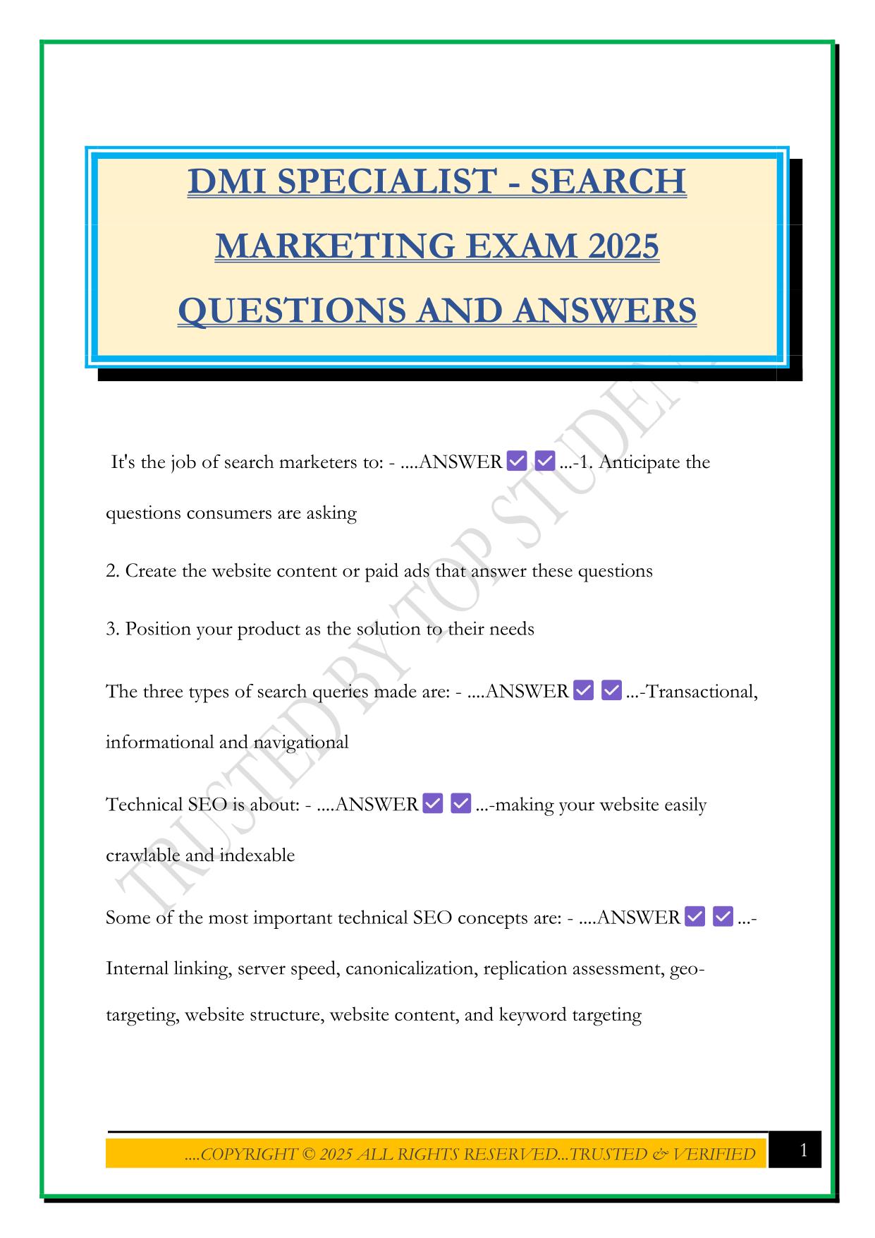 DMI SPECIALIST - SEARCH MARKETING EXAM 2025 QUESTIONS AND ANSWERS