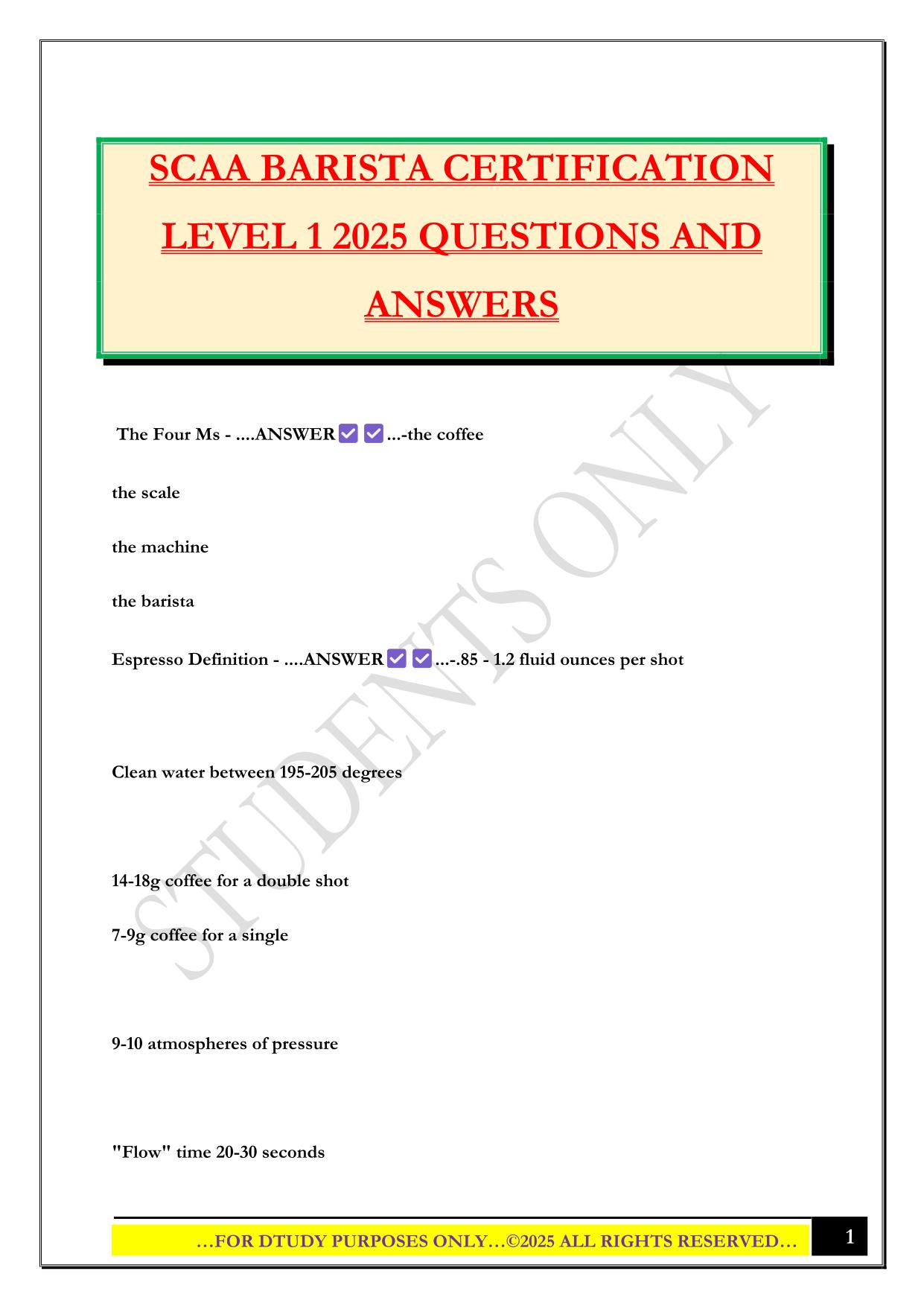 SCAA BARISTA CERTIFICATION LEVEL 1 2025 QUESTIONS AND ANSWERS
